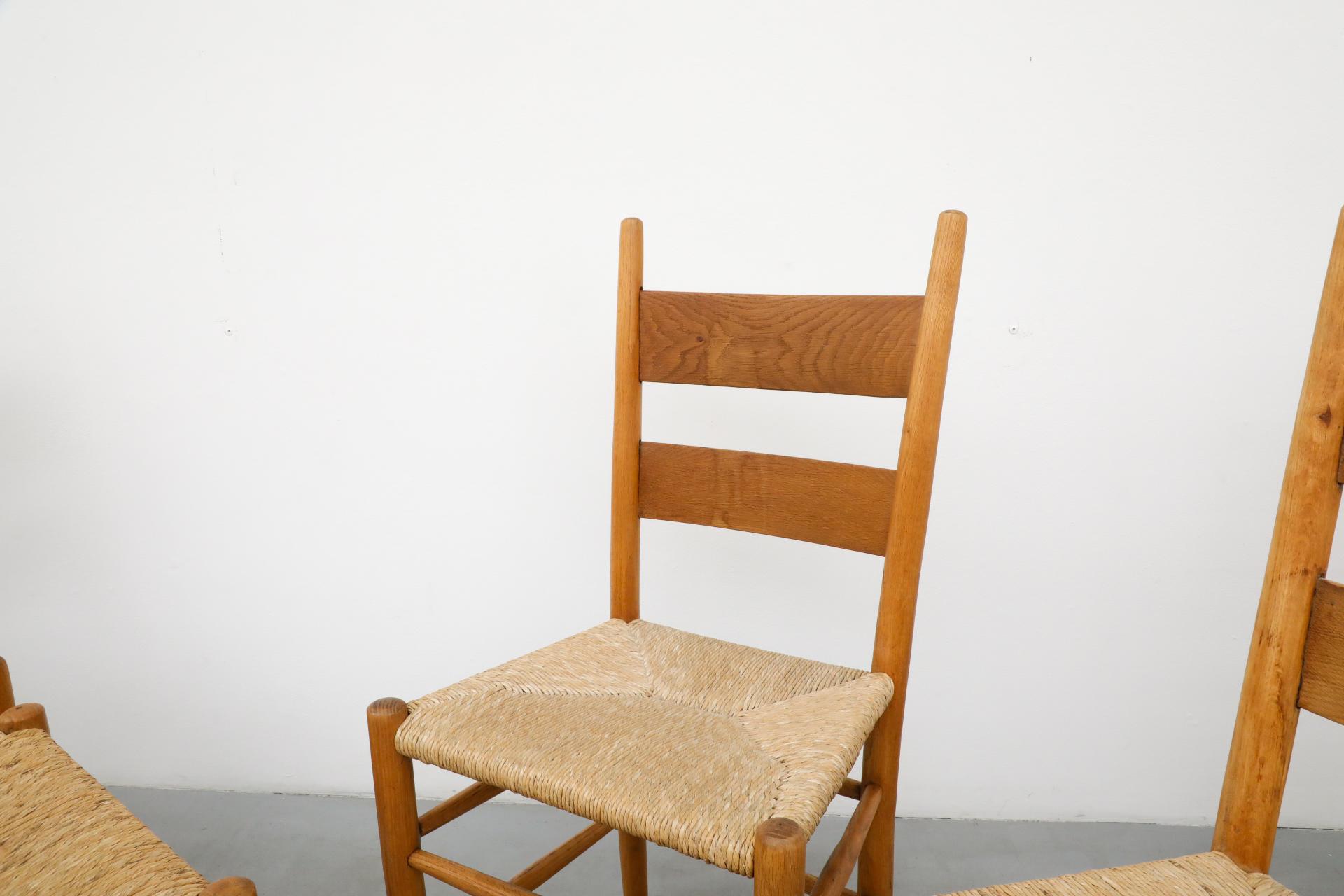 Charlotte Perriand Style Oak & Rush Ladder Back Church Chairs, Dutch, 1950s For Sale 6
