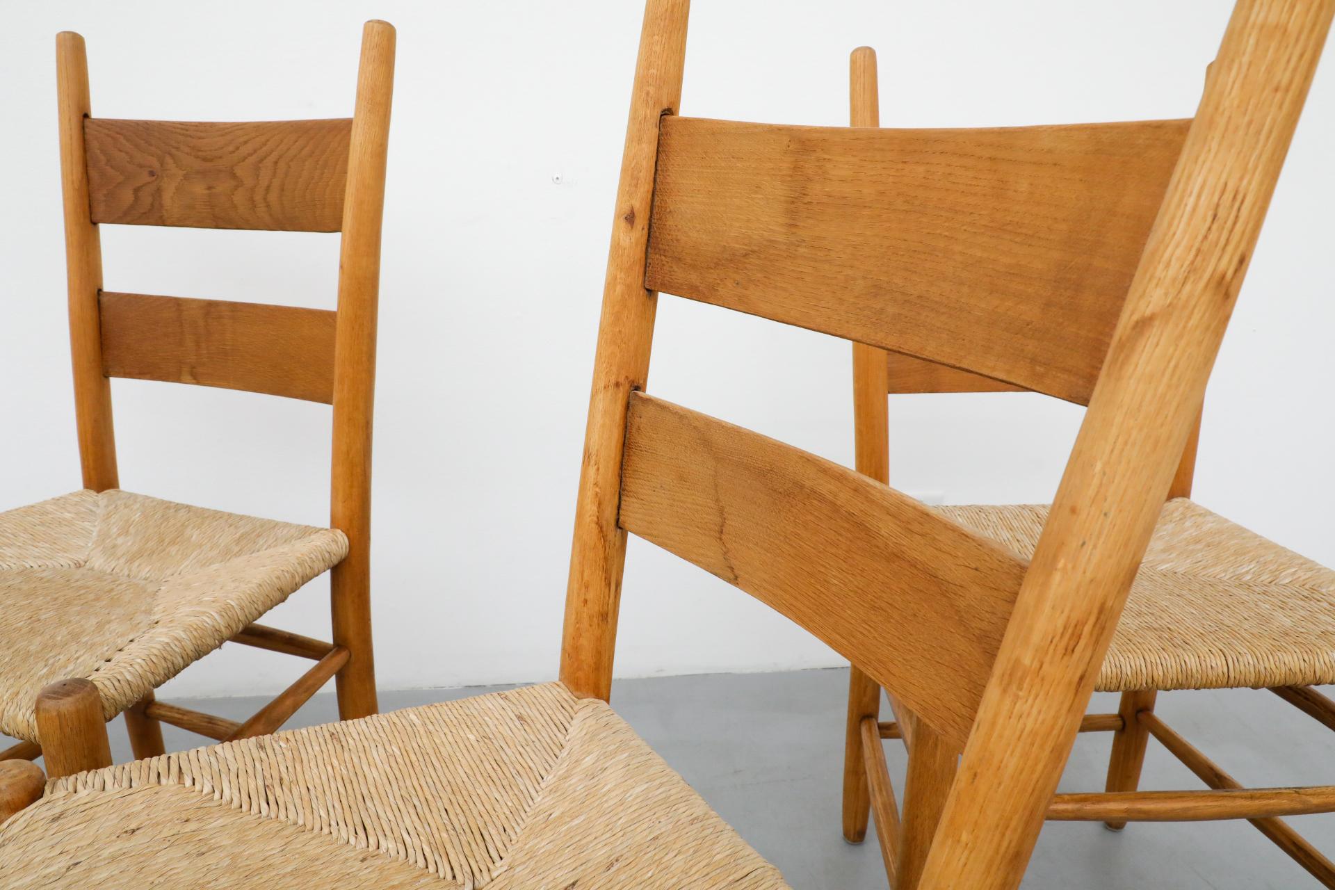 Charlotte Perriand Style Oak & Rush Ladder Back Church Chairs, Dutch, 1950s For Sale 9