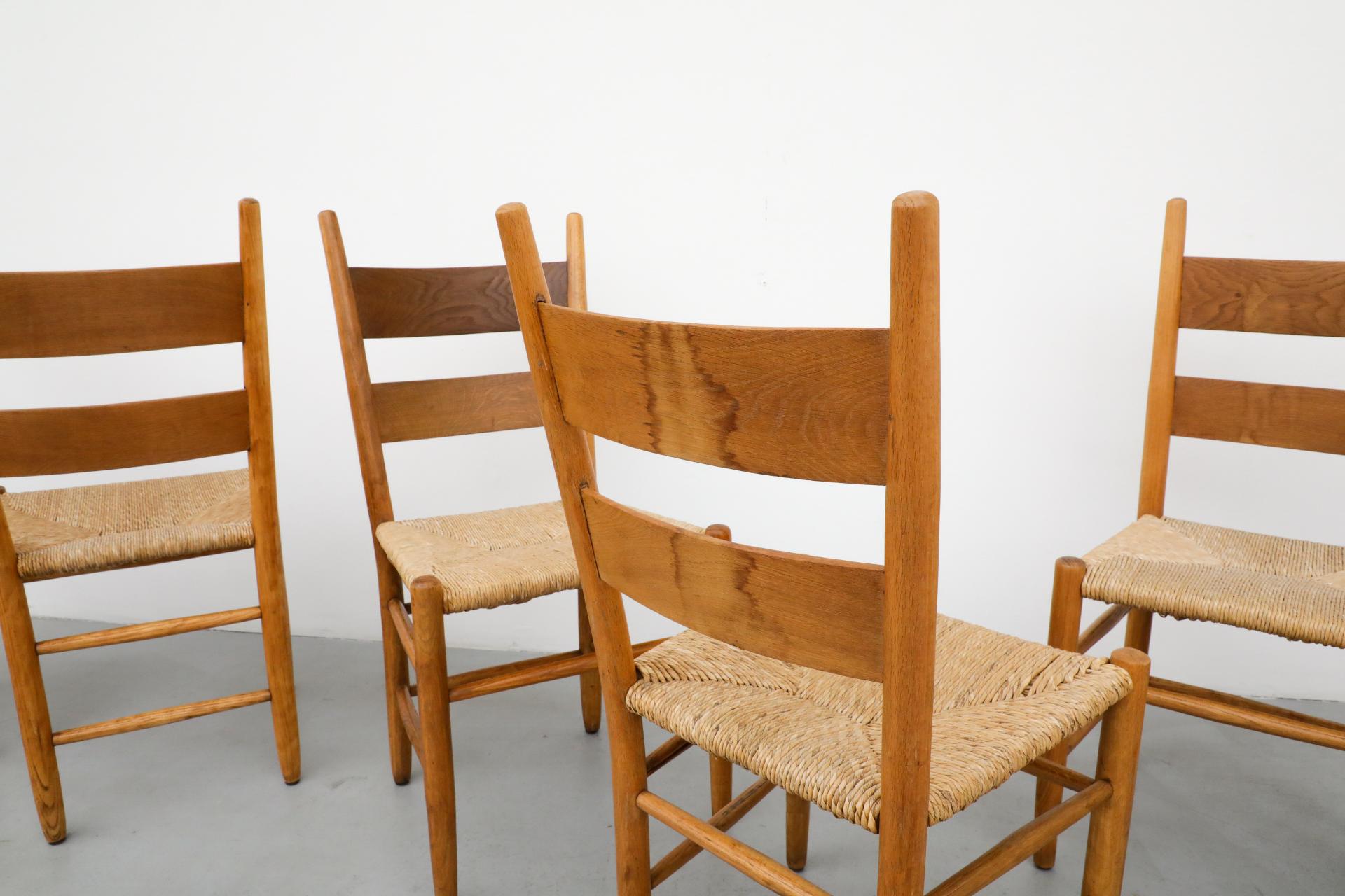 Charlotte Perriand Style Oak & Rush Ladder Back Church Chairs, Dutch, 1950s For Sale 2