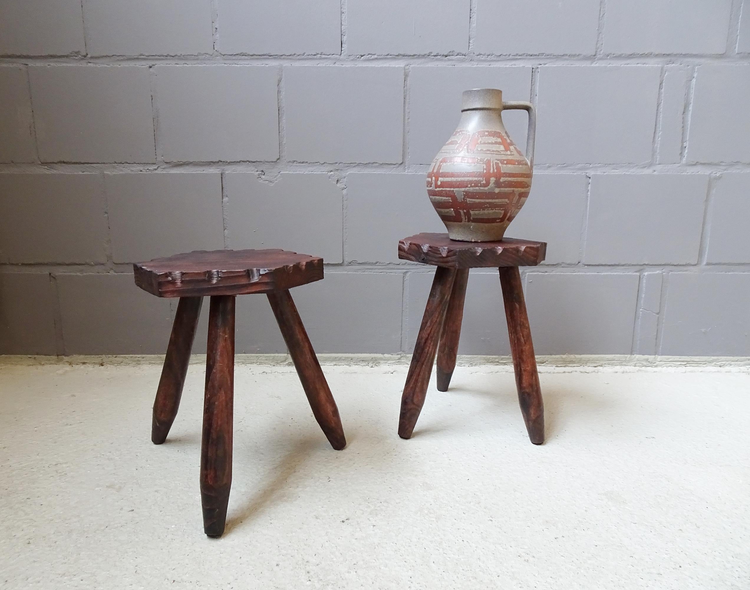 Mid-Century Perriand Style Set of Two Rustic Tripod Stools 2