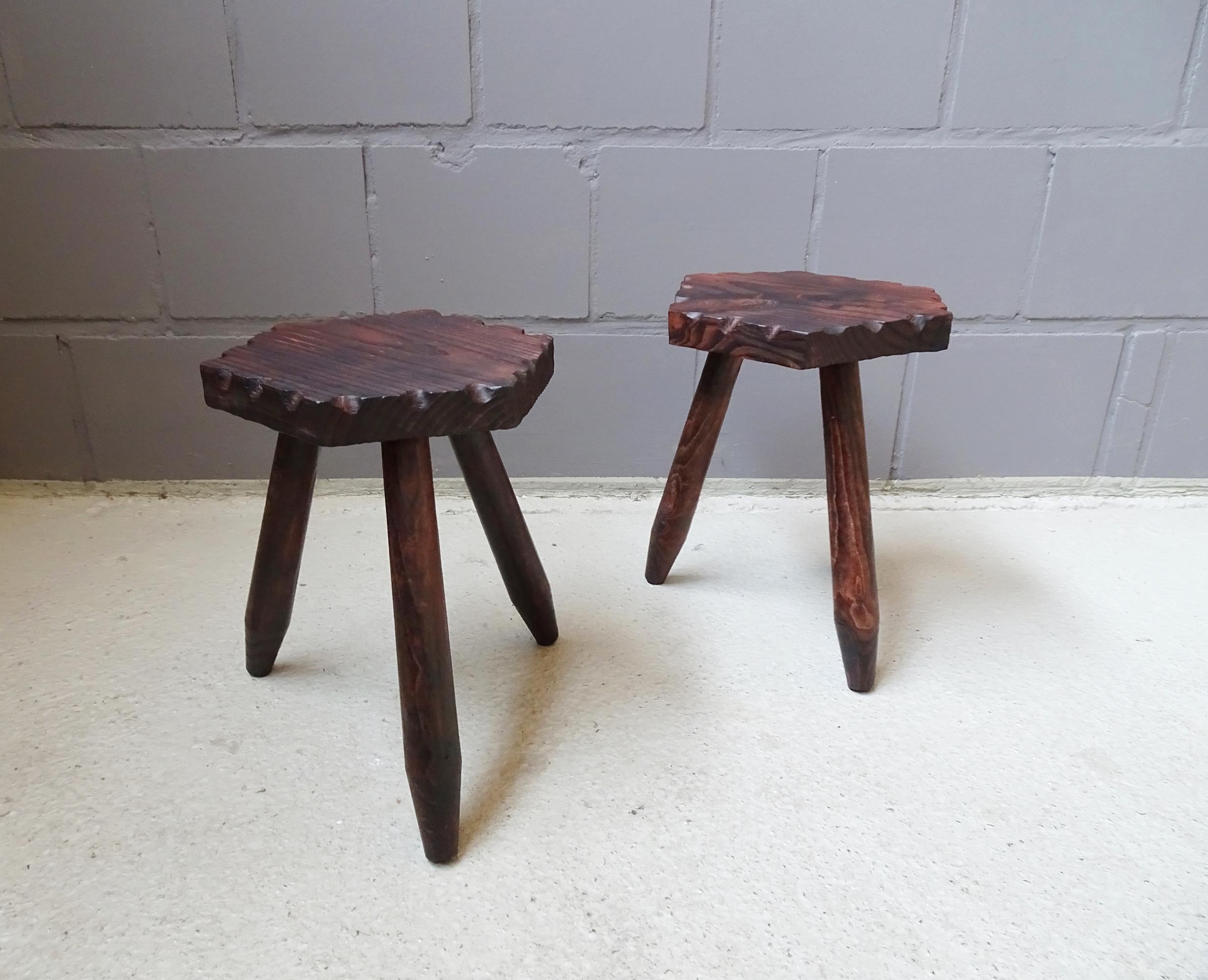 French Mid-Century Perriand Style Set of Two Rustic Tripod Stools