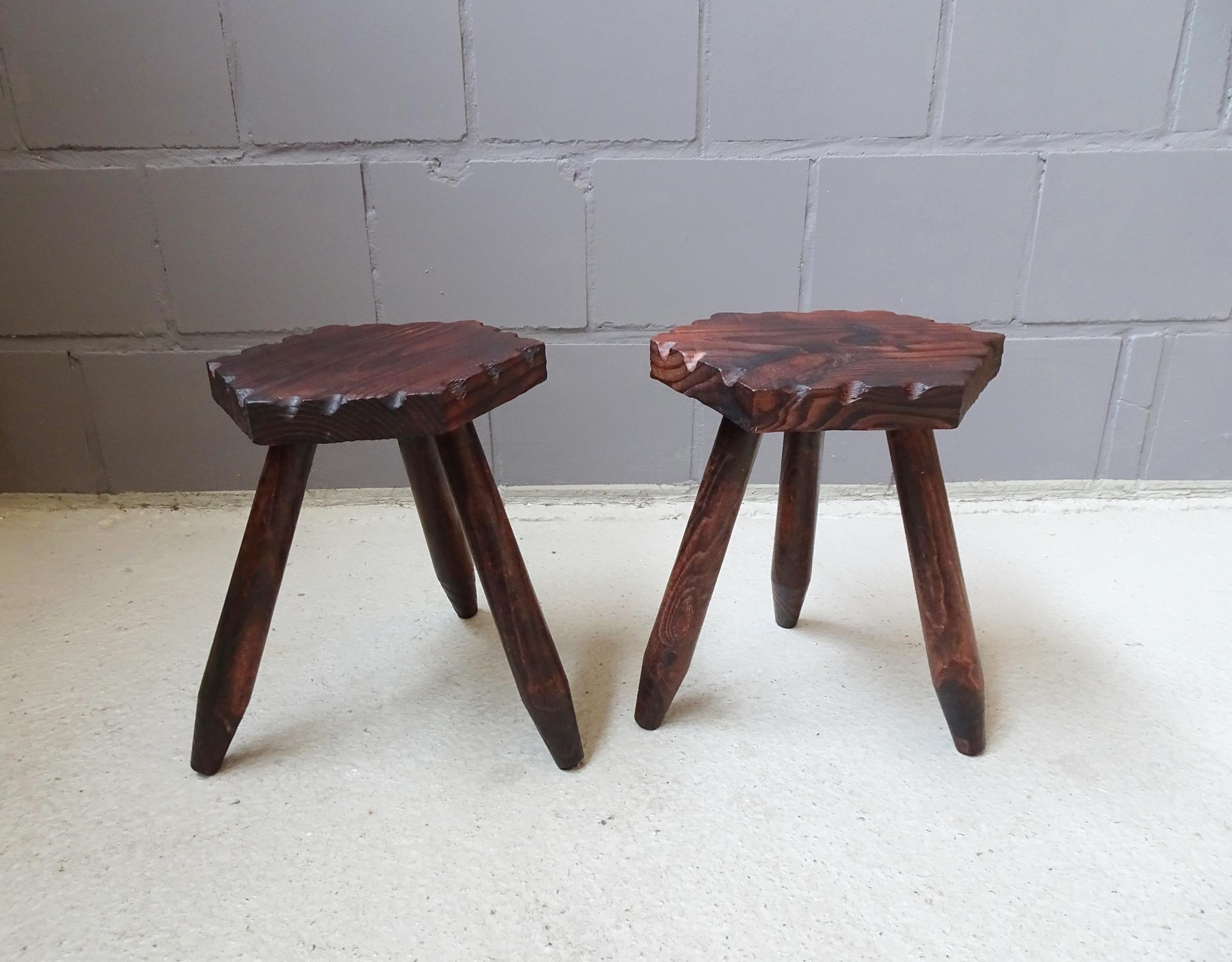 Woodwork Mid-Century Perriand Style Set of Two Rustic Tripod Stools