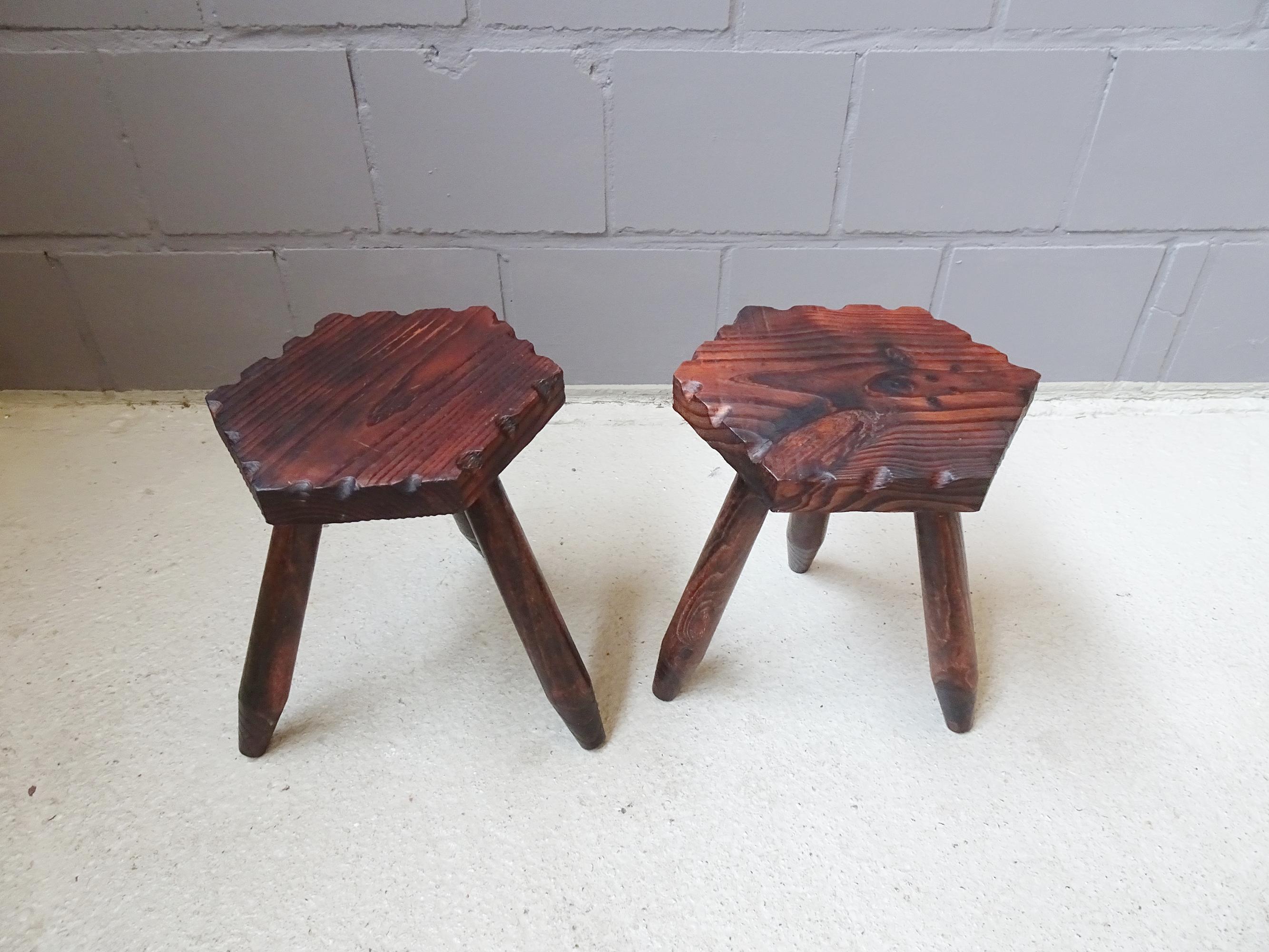 Mid-Century Perriand Style Set of Two Rustic Tripod Stools In Good Condition In Saarbruecken, DE