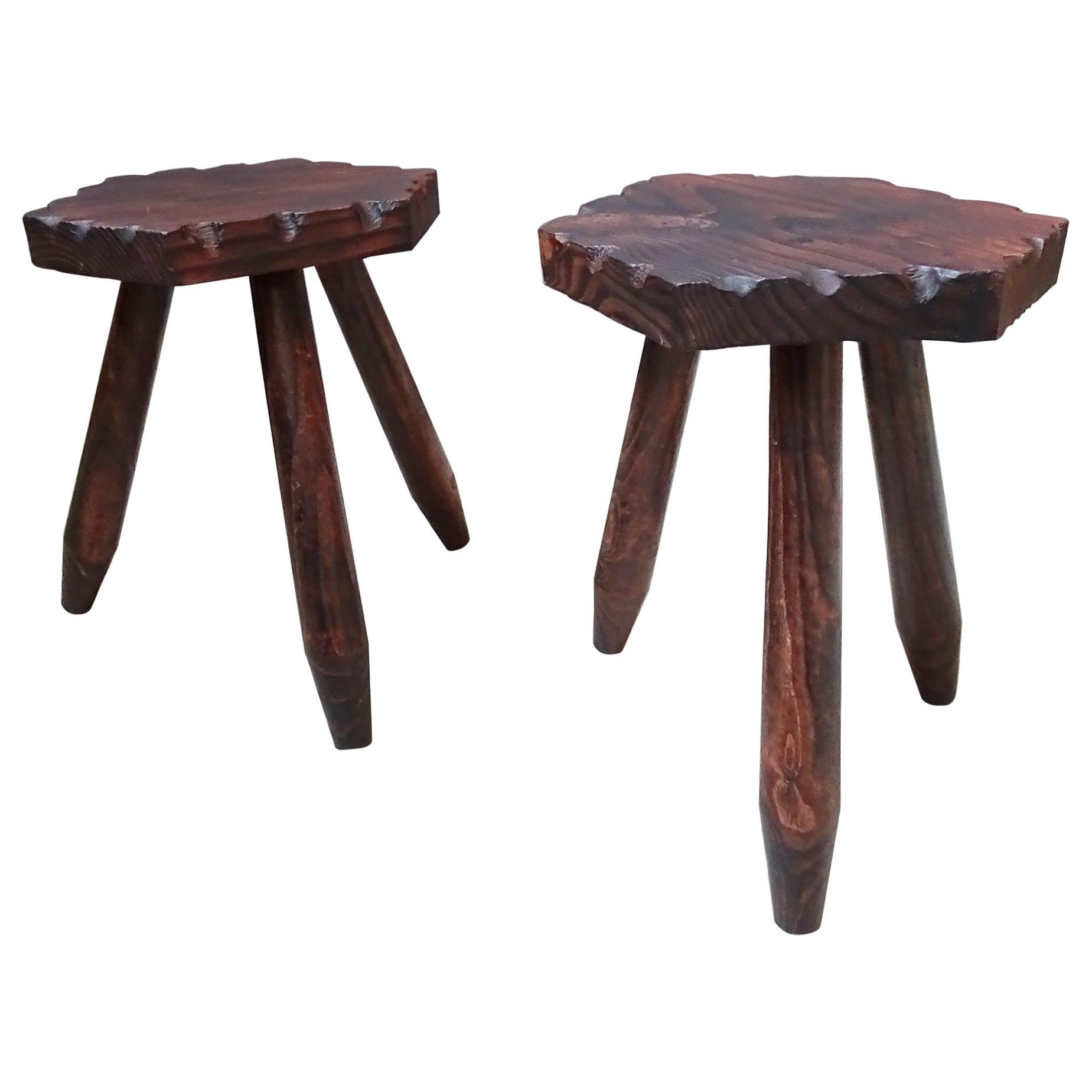 Mid-Century Perriand Style Set of Two Rustic Tripod Stools