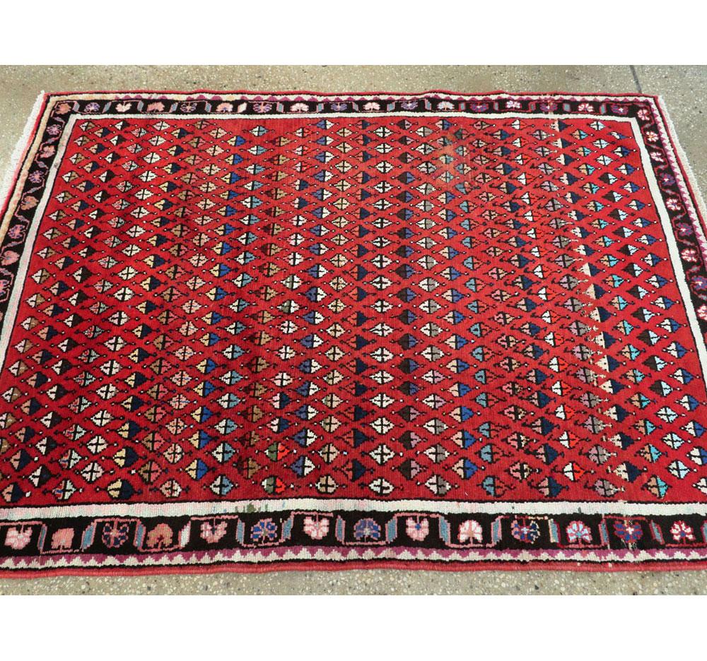 20th Century Midcentury Persian Folk Handmade Throw Rug in Red For Sale