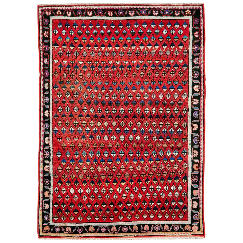 Midcentury Persian Folk Handmade Throw Rug in Red