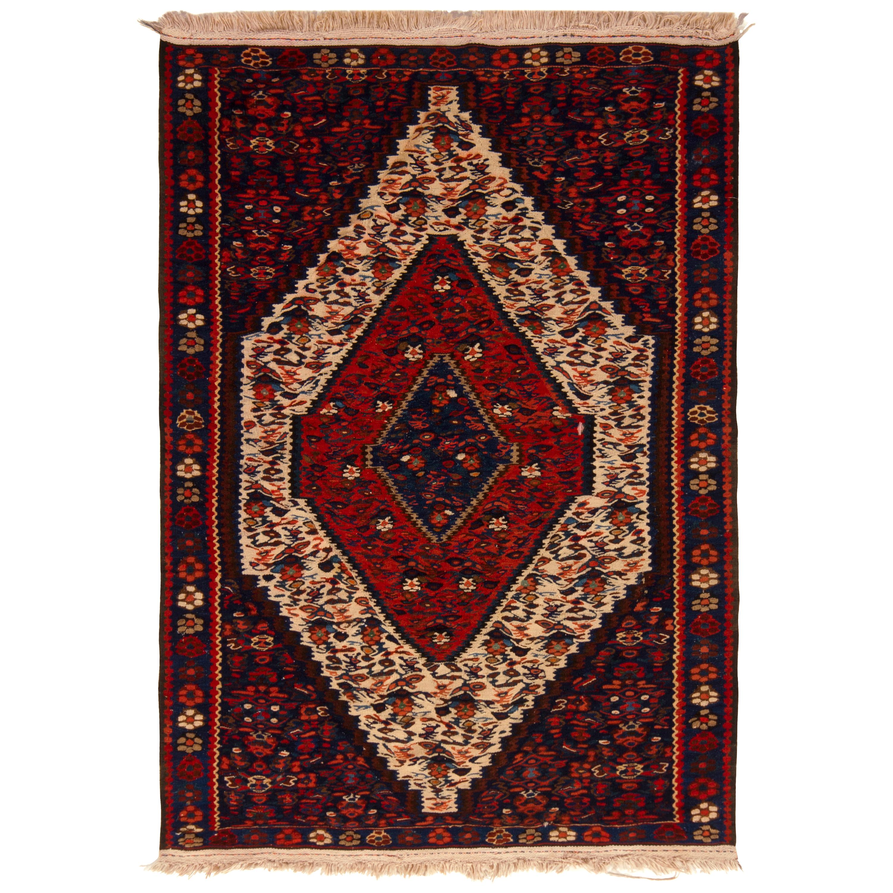 Midcentury Persian Kilim Rug Wool Red Cream Floral Flat-Weave by Rug & Kilim For Sale