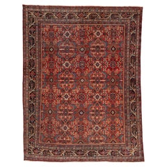 Mid-Century Persian Mahal Rug Hand-Knotted Wool Red & Navy Allover Floral Design