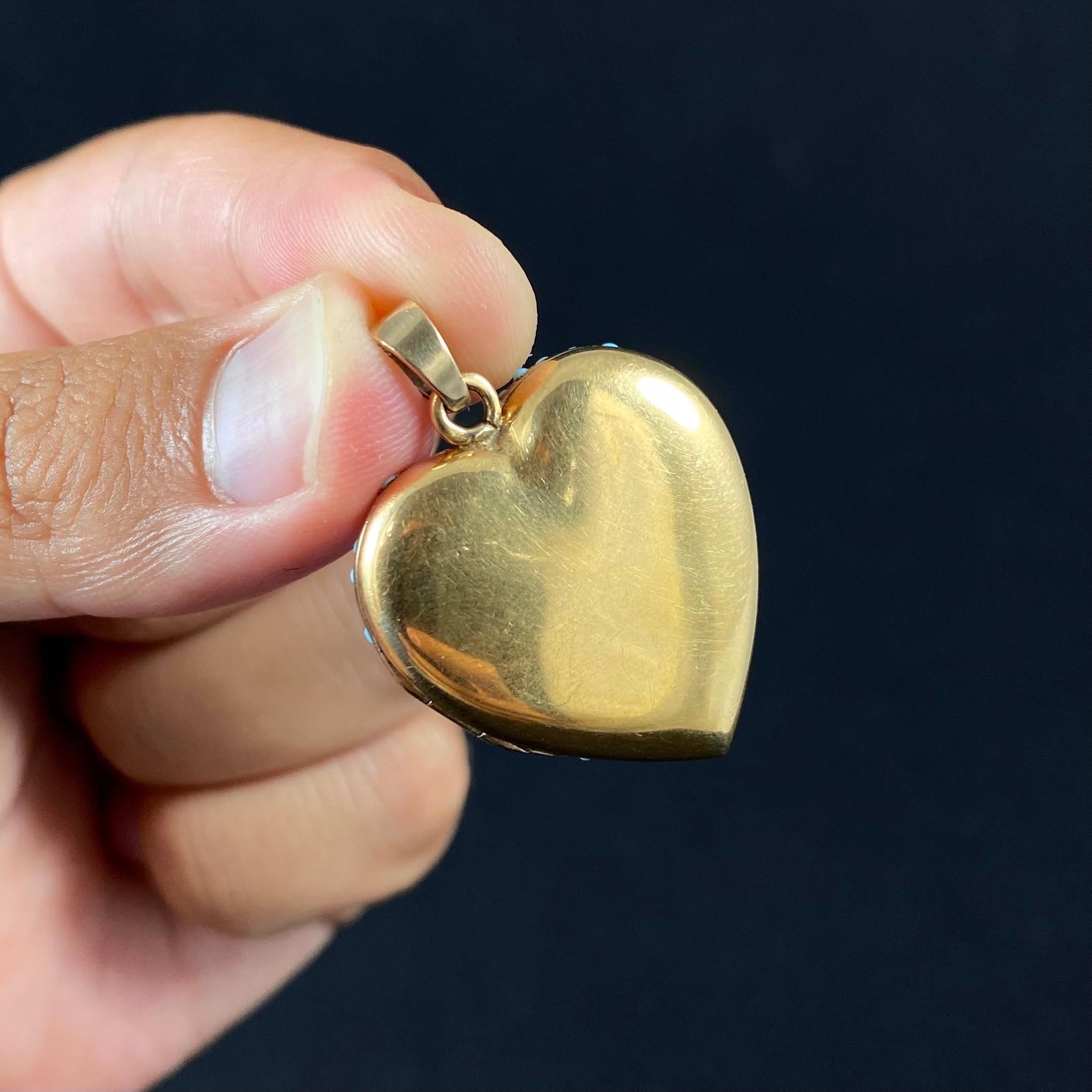 Mid-Century Persian Turquoise Heart Bow Ribbon Locket Brooch/Pendant Yellow Gold In Good Condition For Sale In Lisbon, PT