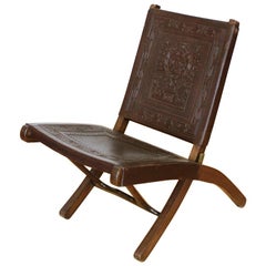 Midcentury Peruvian Tooled Leather Folding Chair, 1970