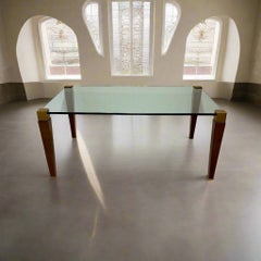 Mid-century Peter Ghyczy Rectangular Brass Glass Oak Coffee Table 1970