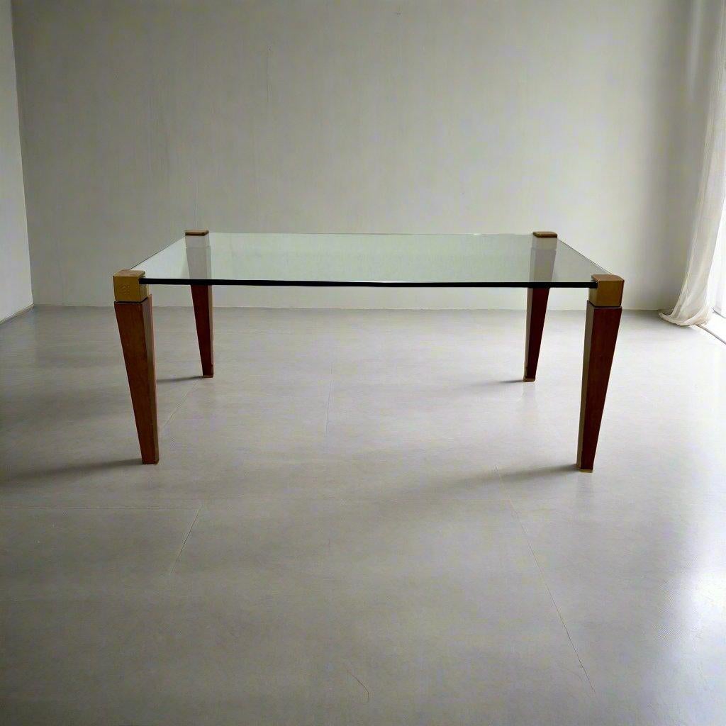 Brutalisme Table basse rectangulaire en laiton et verre de chêne Peter Ghyczy, milieu du siècle 1970 en vente