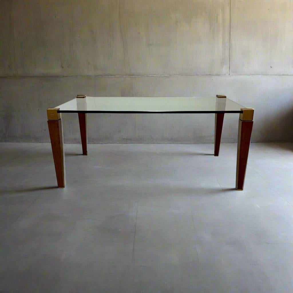 Néerlandais Table basse rectangulaire en laiton et verre de chêne Peter Ghyczy, milieu du siècle 1970 en vente