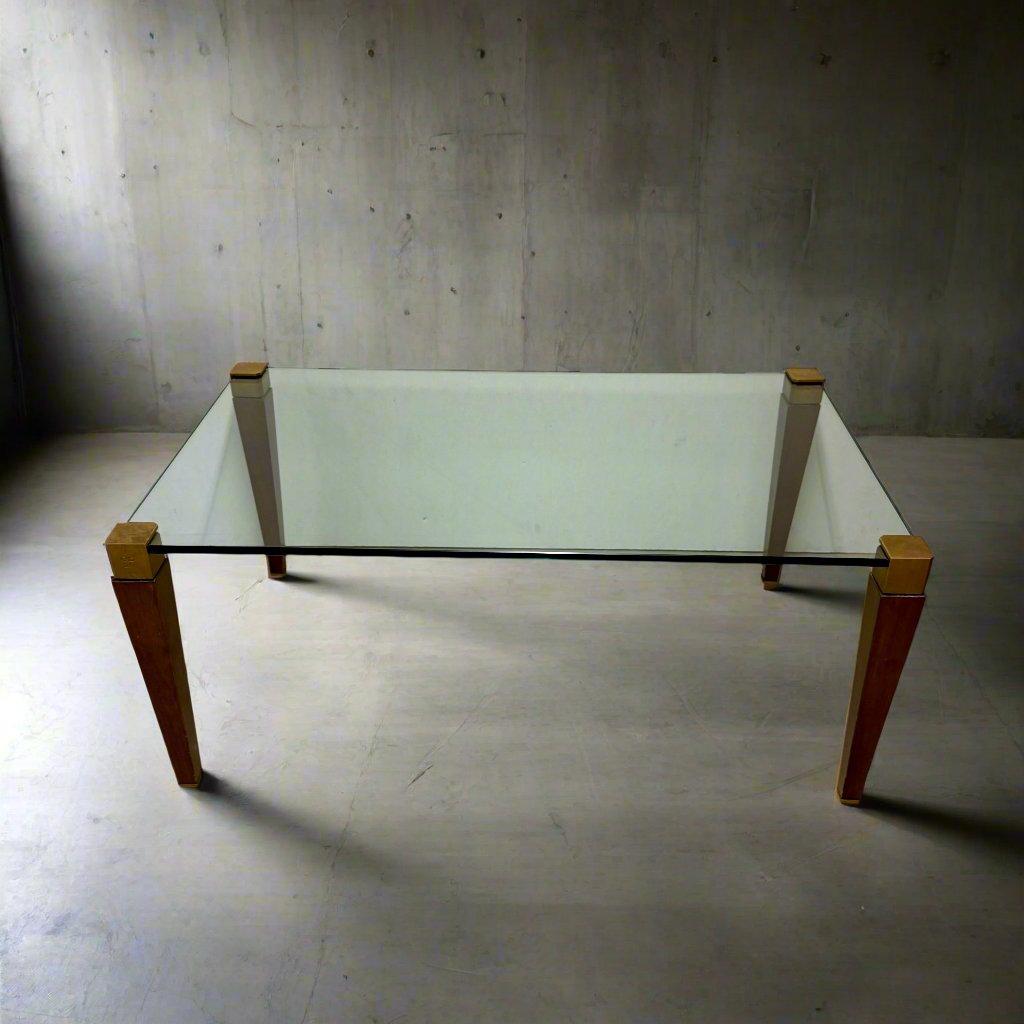Table basse rectangulaire en laiton et verre de chêne Peter Ghyczy, milieu du siècle 1970 Bon état - En vente à DE MEERN, NL