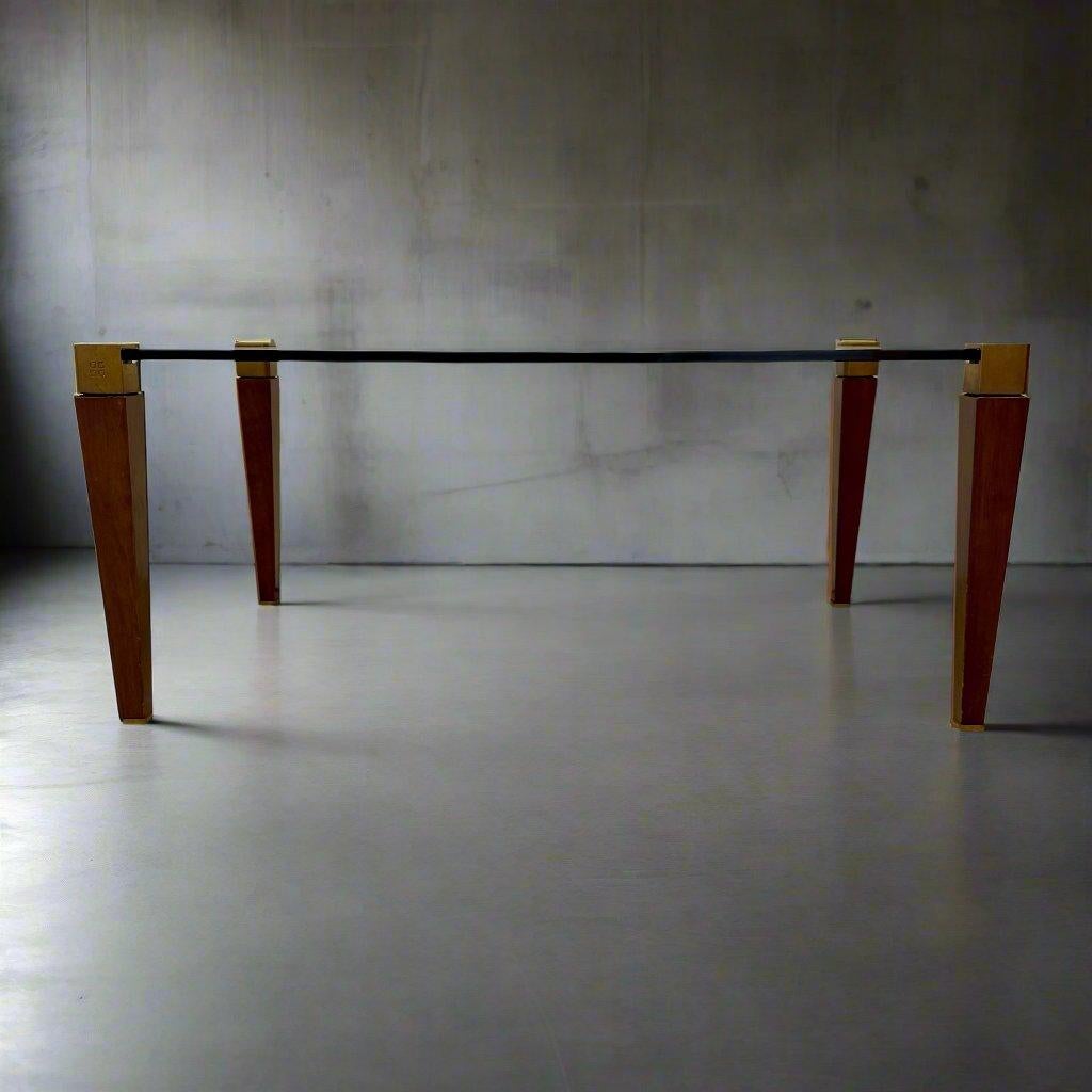 Fin du 20e siècle Table basse rectangulaire en laiton et verre de chêne Peter Ghyczy, milieu du siècle 1970 en vente