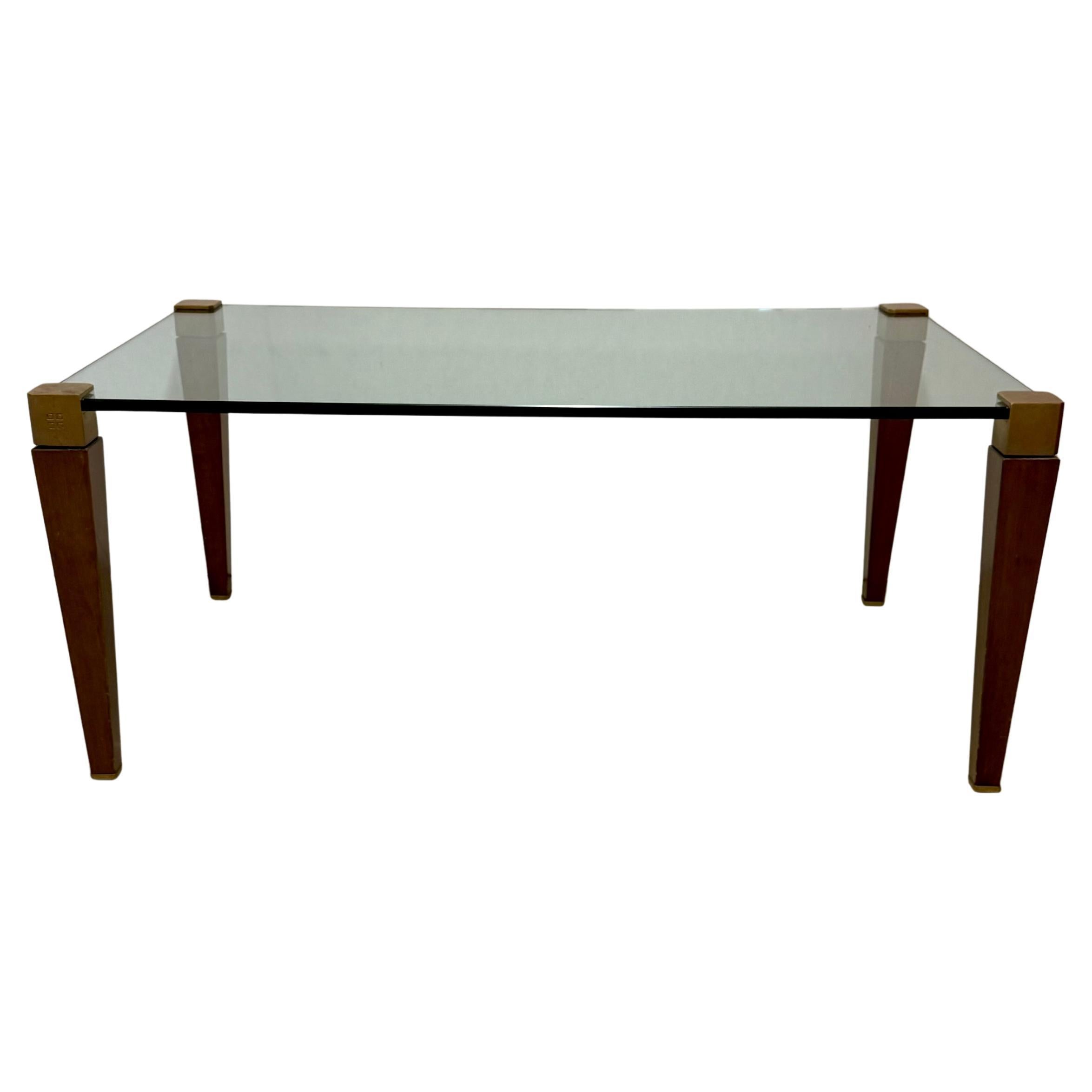 Mitte des Jahrhunderts Peter Ghyczy Rechteckig Messing Glas Oak Couchtisch 1970