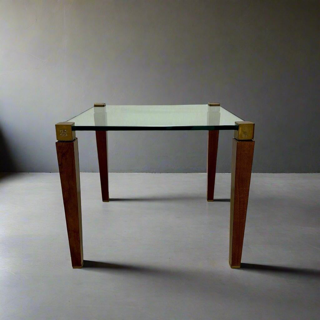 Brutalisme Table à café carrée en laiton, verre et Oak Oak du milieu du siècle, Peter Ghyczy 1970 en vente