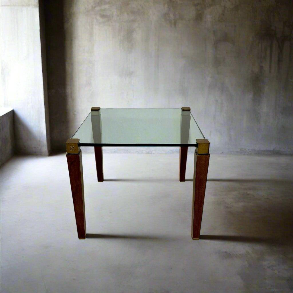 Table à café carrée en laiton, verre et Oak Oak du milieu du siècle, Peter Ghyczy 1970 Bon état - En vente à DE MEERN, NL