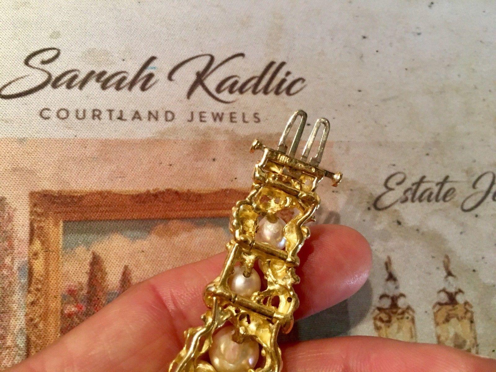 Mid Century Peter Lindeman 18 Karat Gold Pearl Diamond Cuff Bangle Bracelet For Sale 3