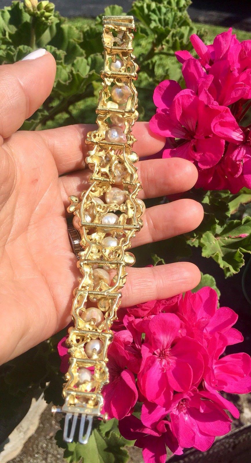 Women's Mid Century Peter Lindeman 18 Karat Gold Pearl Diamond Cuff Bangle Bracelet For Sale