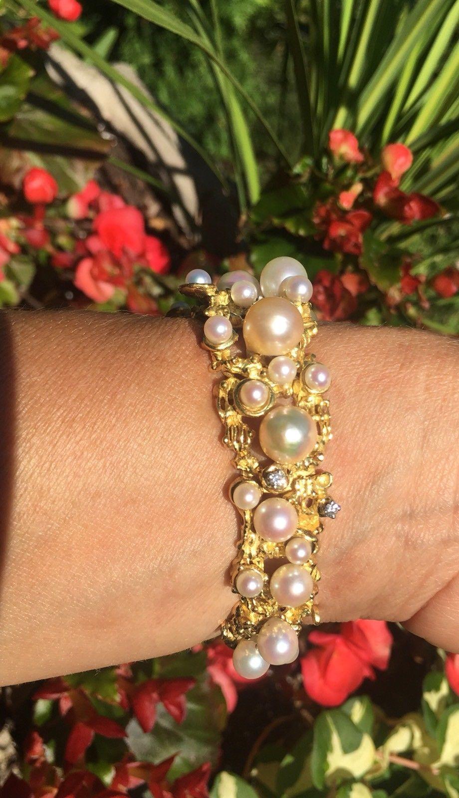 Mid Century Peter Lindeman 18 Karat Gold Pearl Diamond Cuff Bangle Bracelet For Sale 1