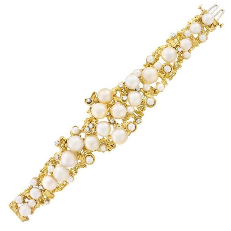 Mid Century Peter Lindeman 18 Karat Gold Pearl Diamond Cuff Bangle Bracelet For Sale