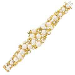Mid Century Peter Lindeman 18 Karat Gold Pearl Diamond Cuff Bangle Bracelet