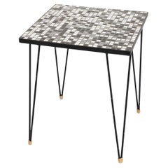 Vintage Mid-Century Petite Black and White Mosaic Tile Side Table with Hairpin Legs