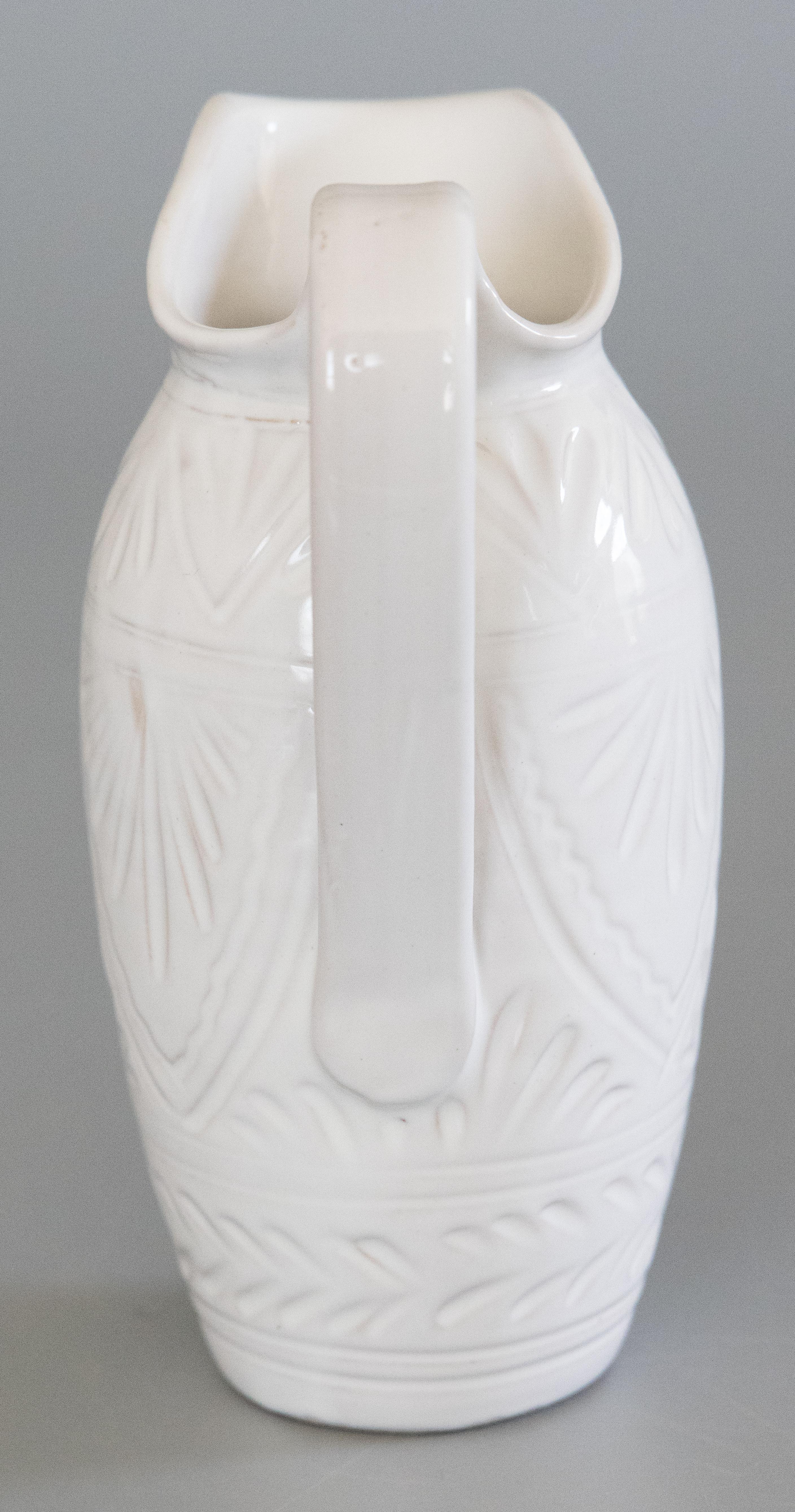 Mid Century Petite Italian White Glazed Terracotta Pitcher In Good Condition For Sale In Pearland, TX