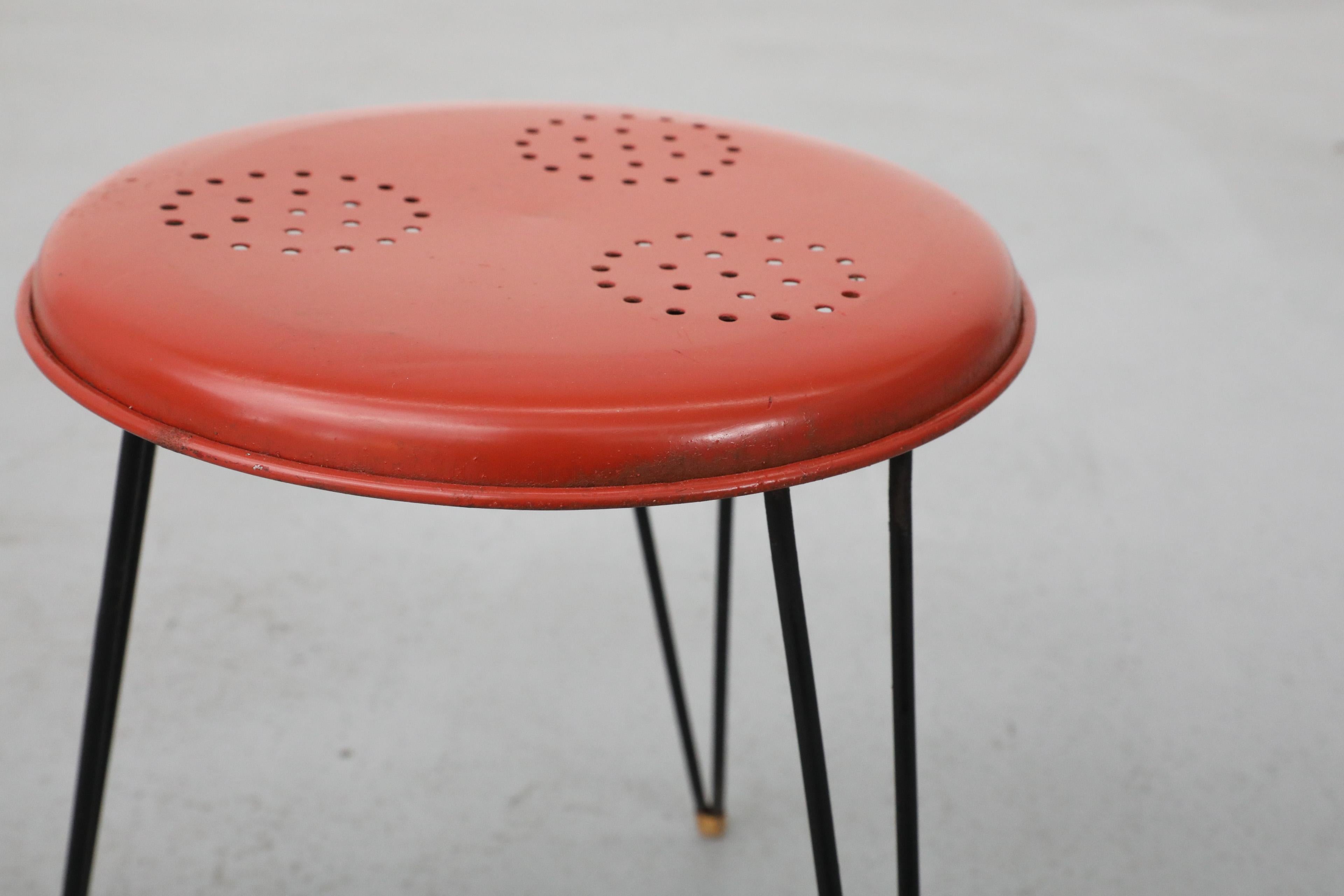 Mid-Century Petite Red Perforated Pilastro Stool with Black Hairpin Legs 2