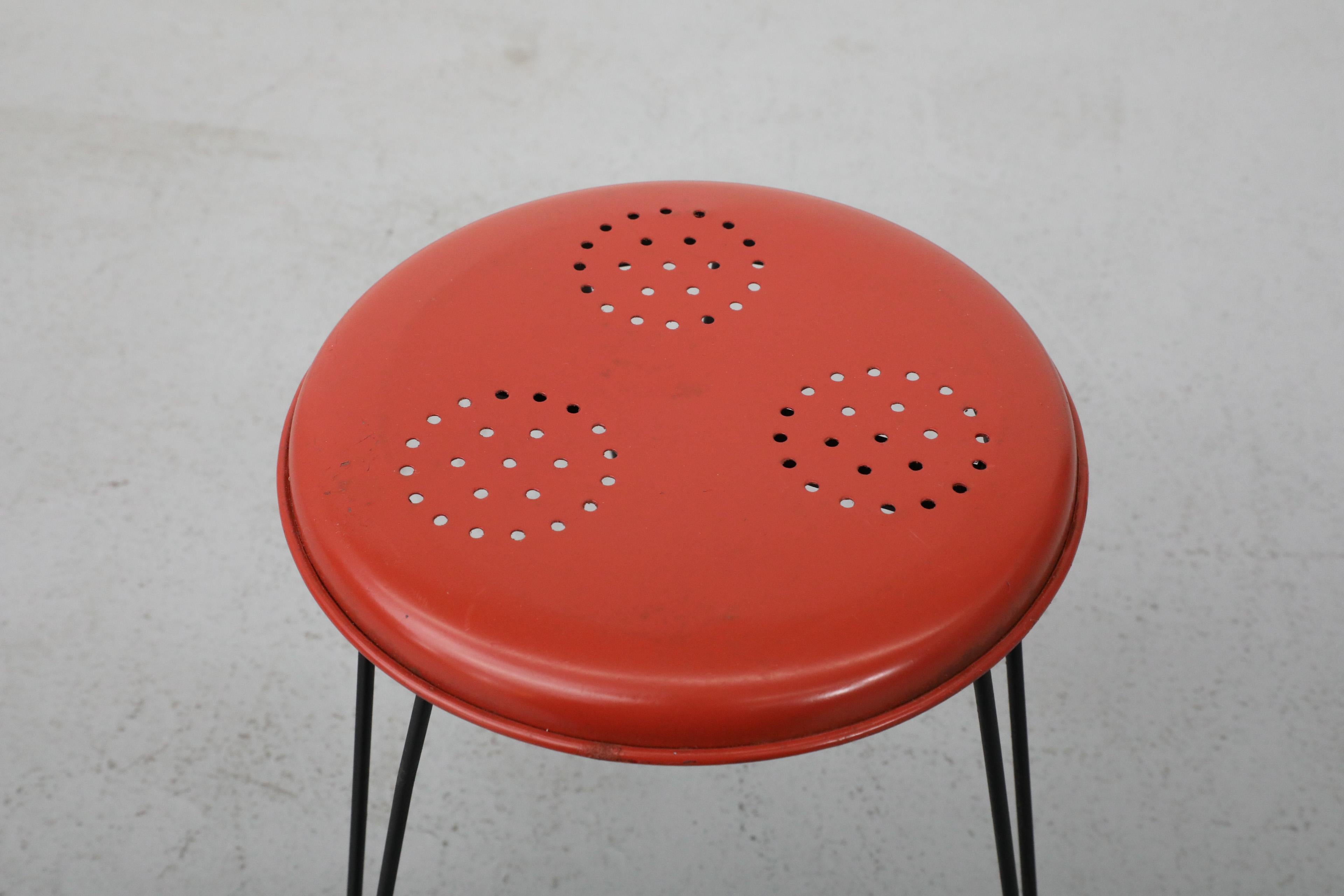 Mid-Century Petite Red Perforated Pilastro Stool with Black Hairpin Legs 3