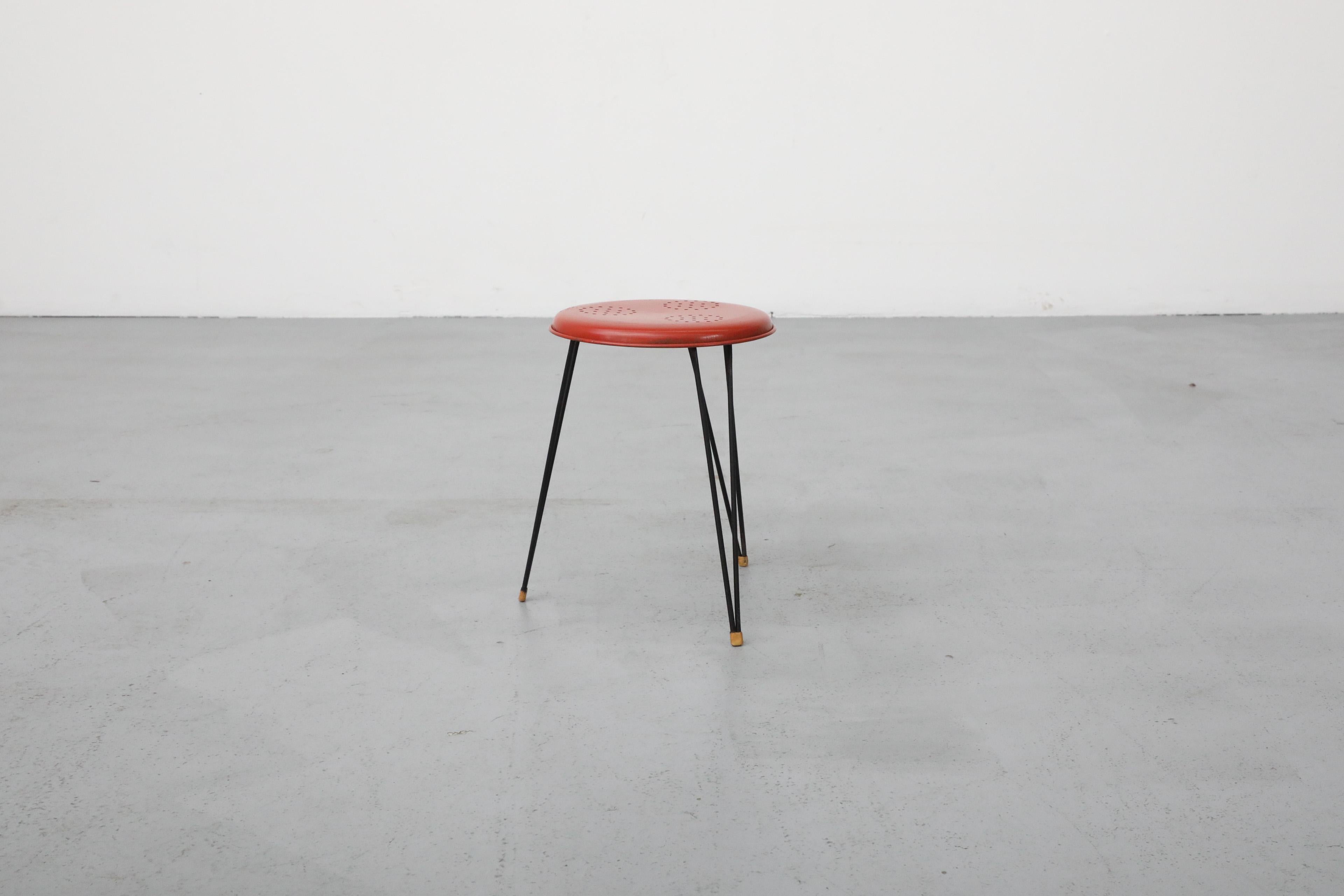 Mid-Century Modern Mid-Century Petite Red Perforated Pilastro Stool with Black Hairpin Legs