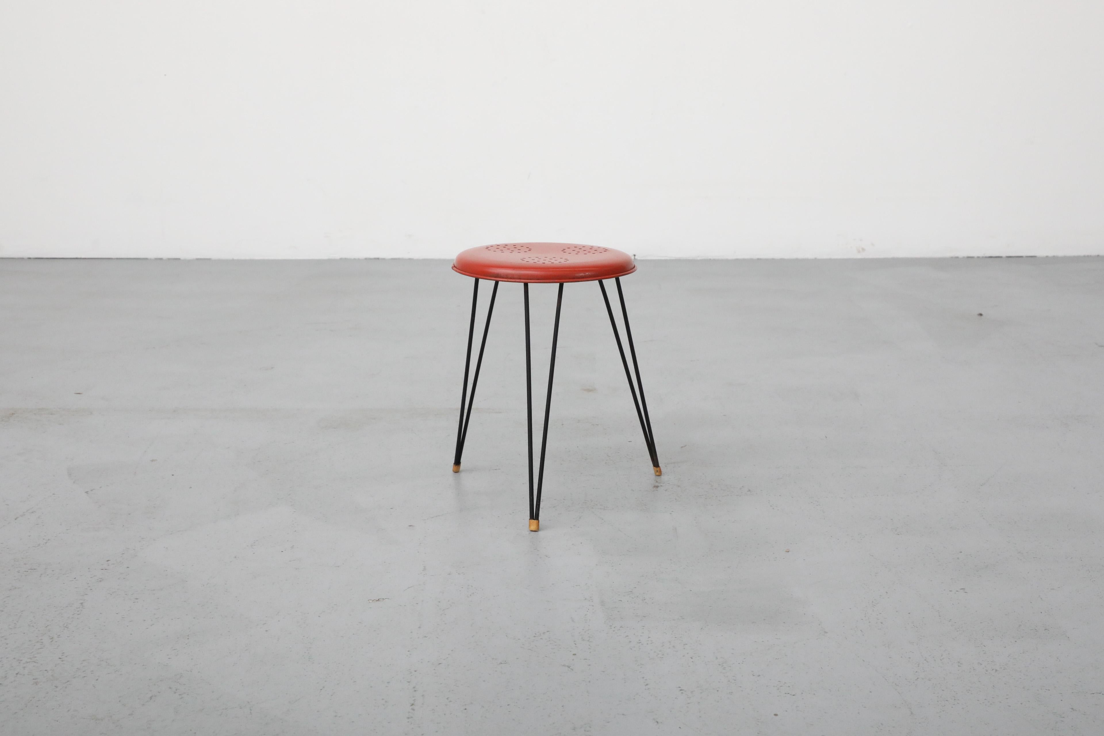 Dutch Mid-Century Petite Red Perforated Pilastro Stool with Black Hairpin Legs