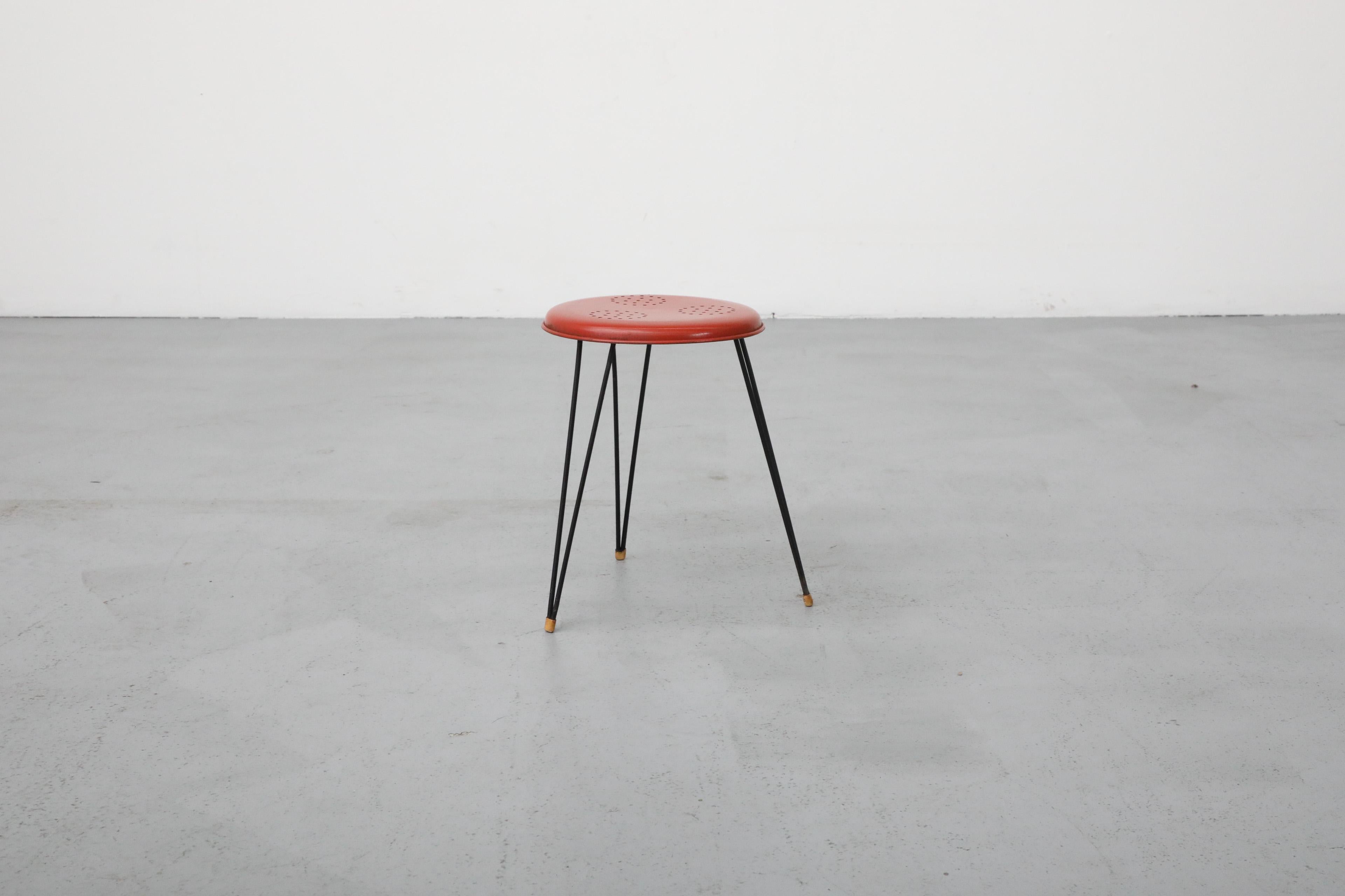 Enameled Mid-Century Petite Red Perforated Pilastro Stool with Black Hairpin Legs