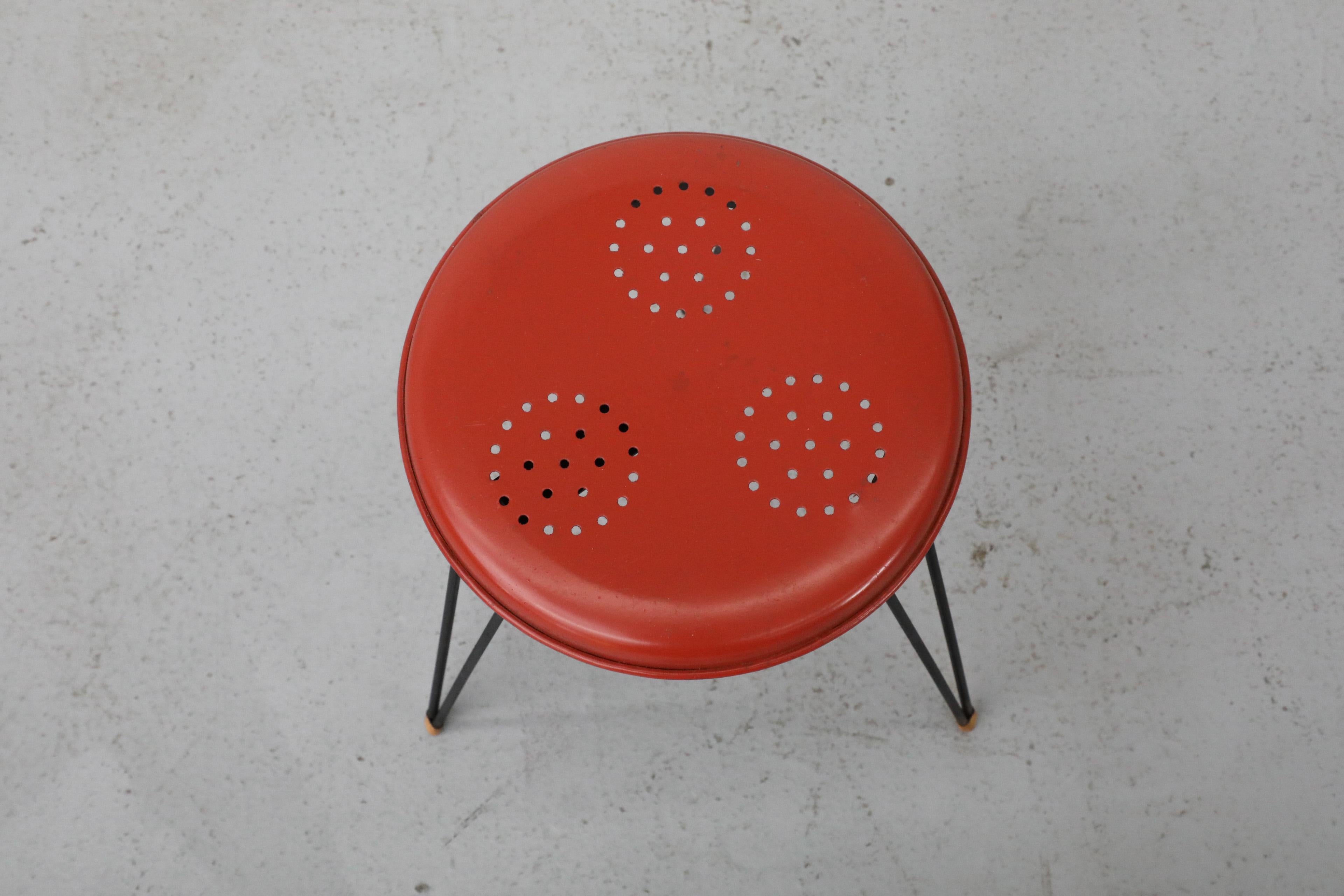 20th Century Mid-Century Petite Red Perforated Pilastro Stool with Black Hairpin Legs