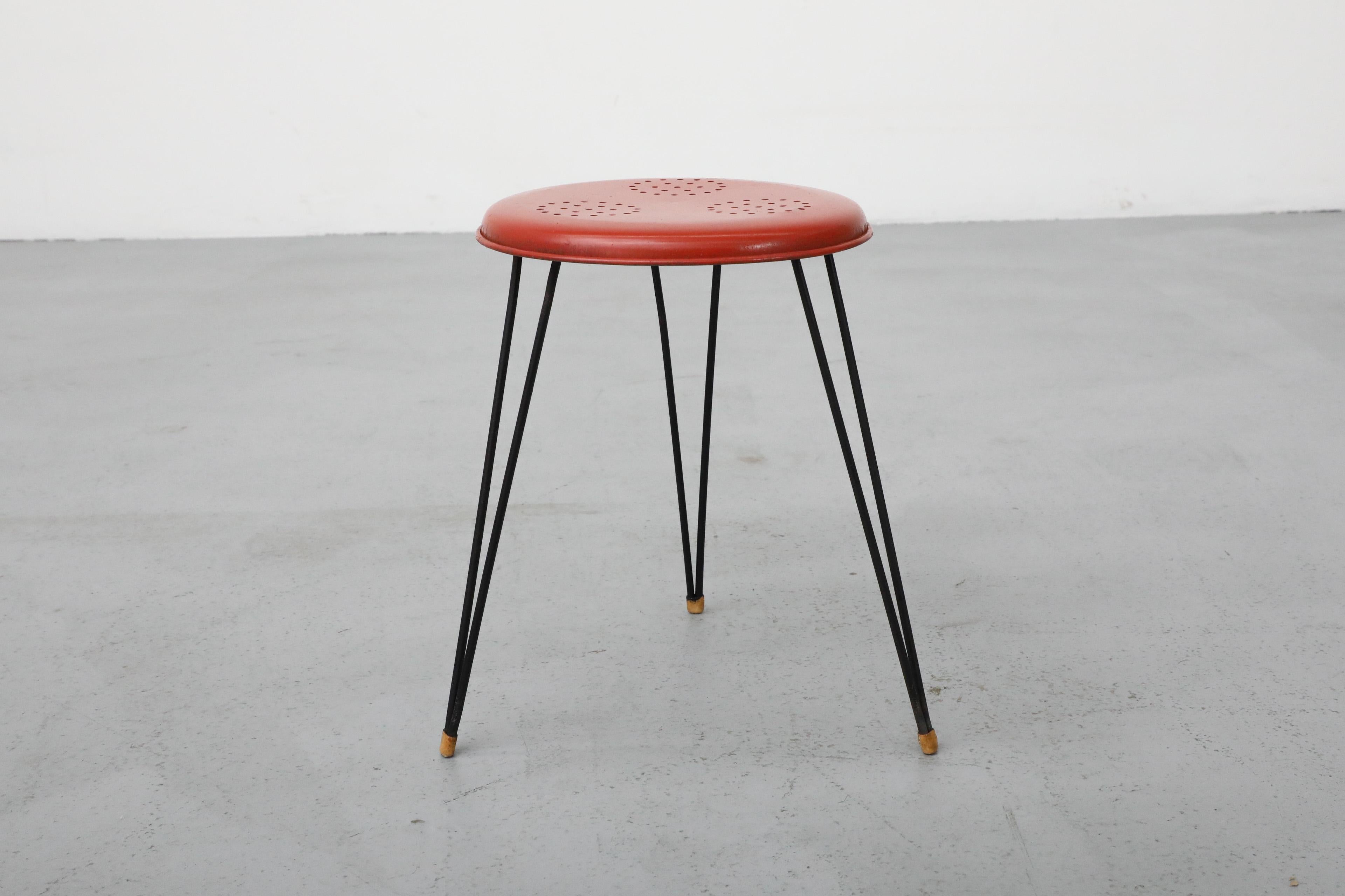 Metal Mid-Century Petite Red Perforated Pilastro Stool with Black Hairpin Legs