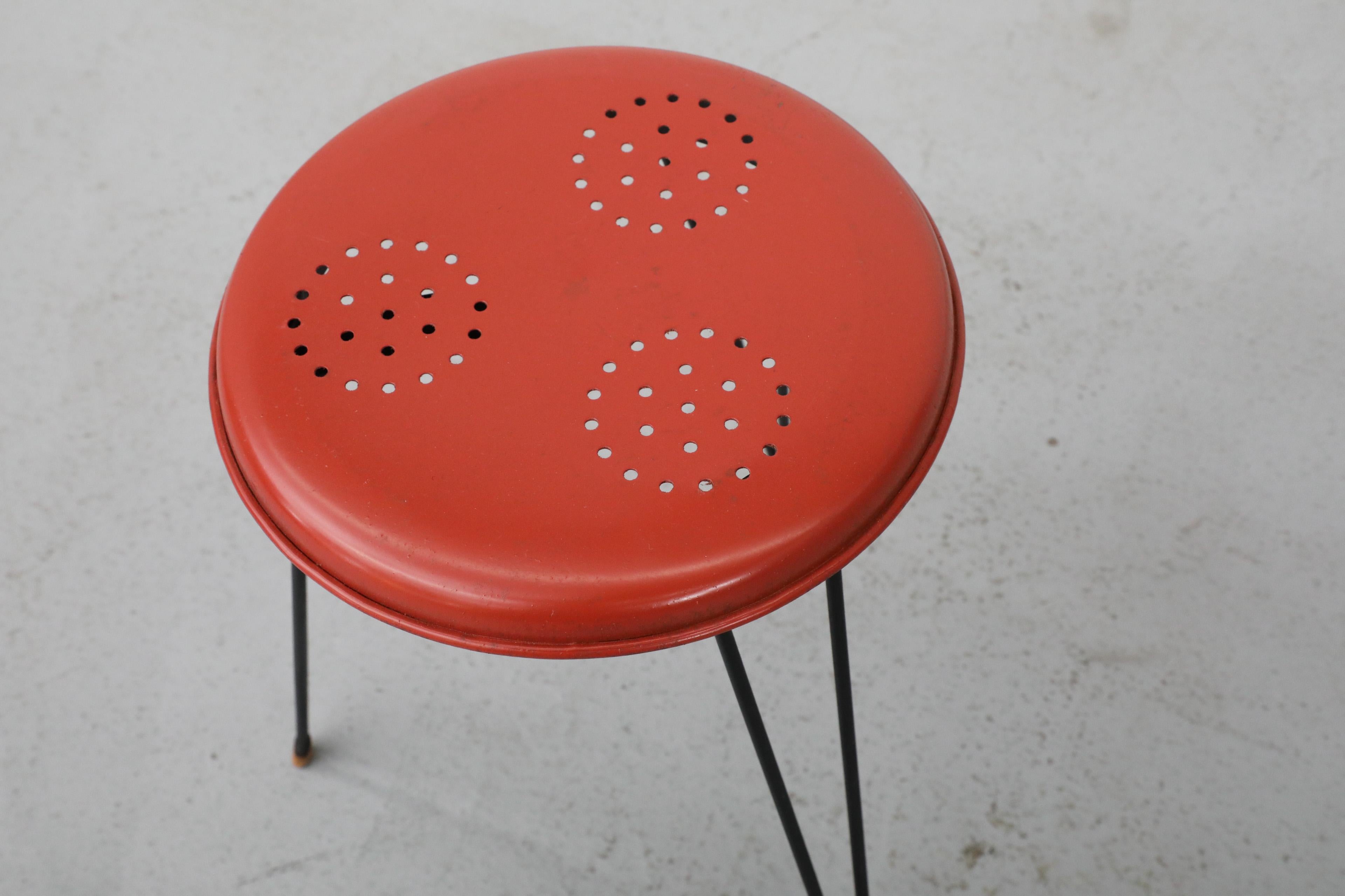 Mid-Century Petite Red Perforated Pilastro Stool with Black Hairpin Legs 1