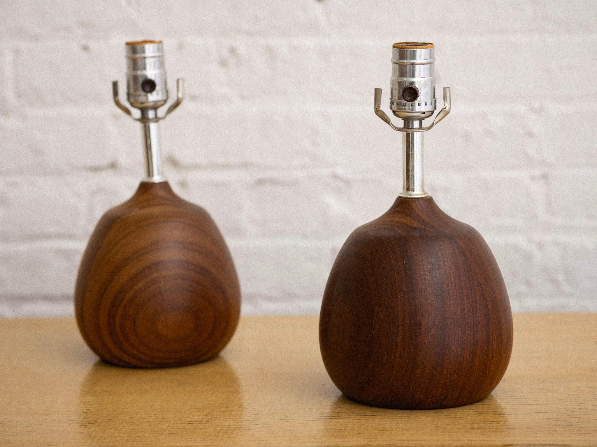 Mid Century Petite Solid Teak Lamps, a Pair In Good Condition In Brooklyn, NY