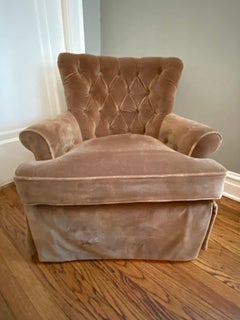 Midcentury Petite Velvet Upholstered Armchair and Ottoman Swivels, Casters