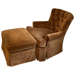 Midcentury Petite Velvet Upholstered Armchair and Ottoman Swivels, Casters