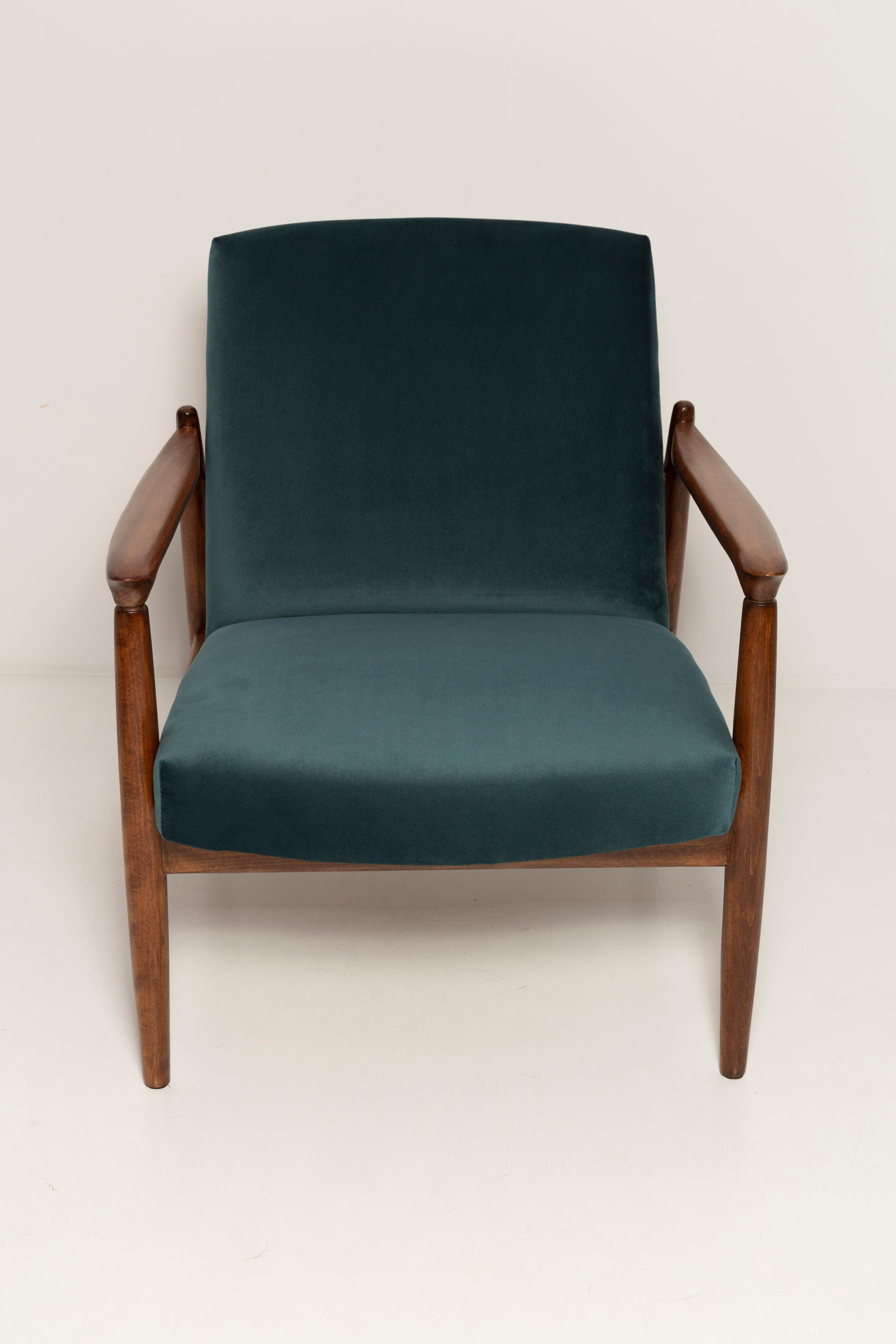 Midcentury Petrol Blue Velvet Armchair, Edmund Homa, Poland, 1960s For Sale 7