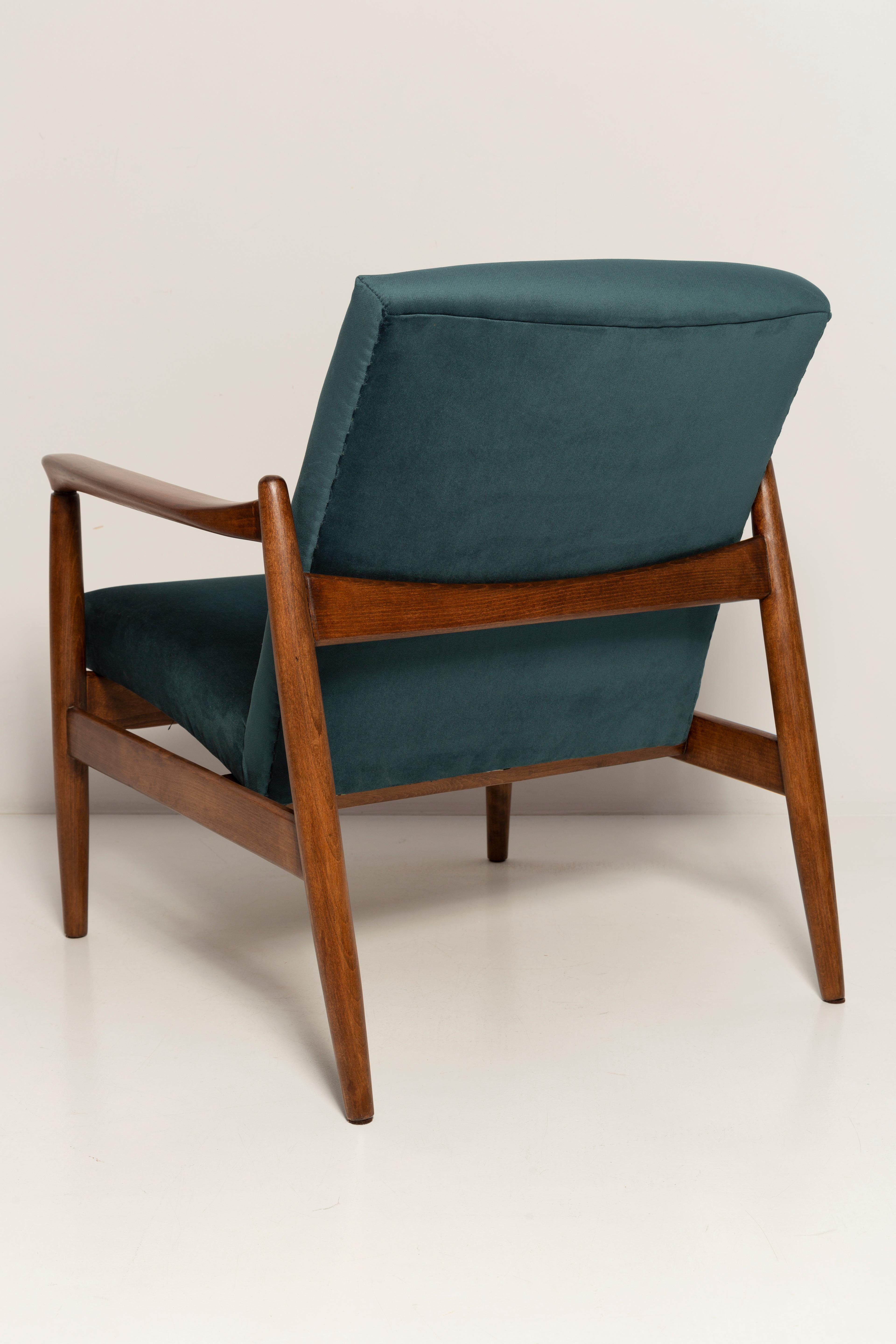 Midcentury Petrol Blue Velvet Armchair, Edmund Homa, Poland, 1960s For Sale 8