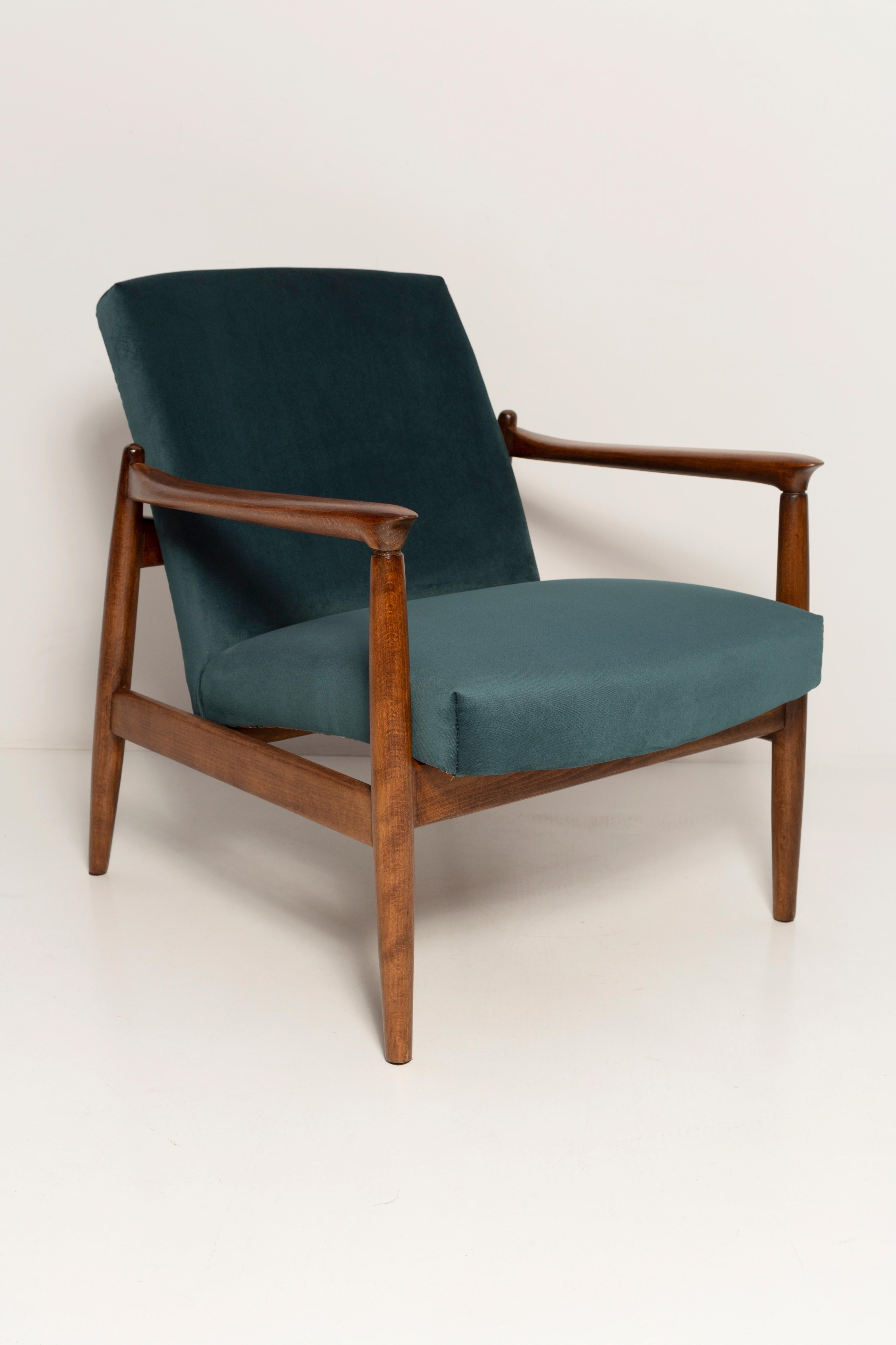 Hand-Crafted Midcentury Petrol Blue Velvet Armchair, Edmund Homa, Poland, 1960s For Sale