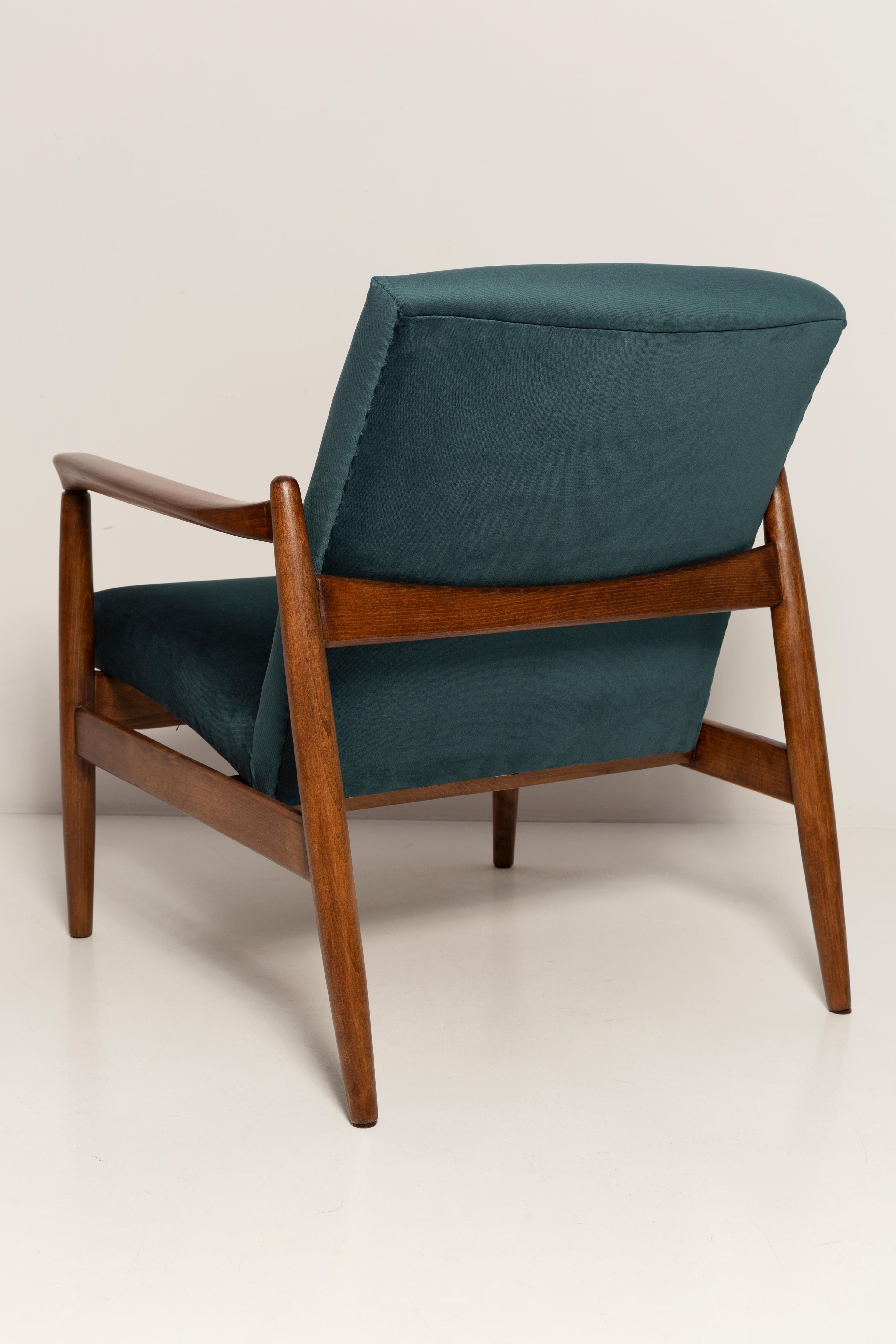 Textile Midcentury Petrol Blue Velvet Armchair, Edmund Homa, Poland, 1960s For Sale