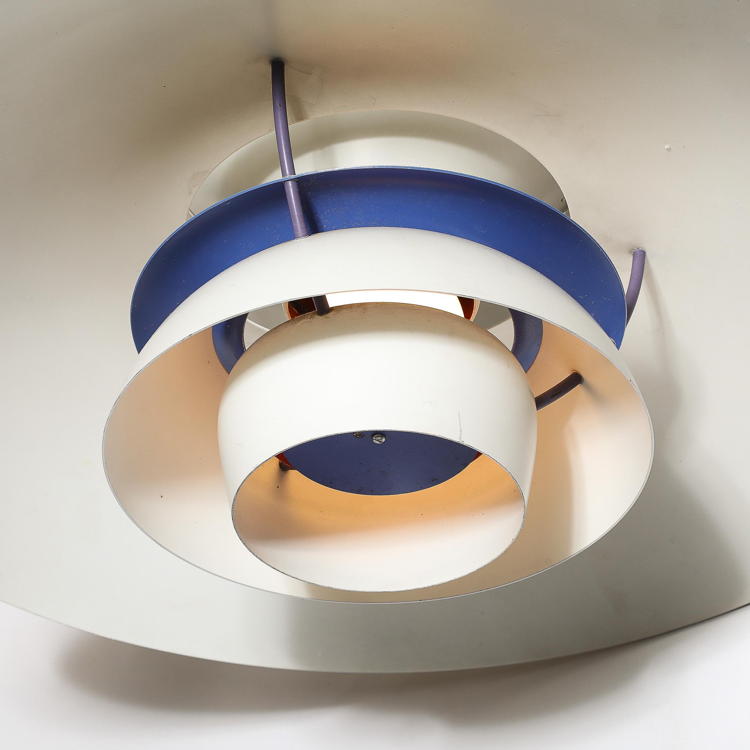 Mid-Century PH5 Pendant White & Blue Enamel Chandelier by Poul Henningsen For Sale 5