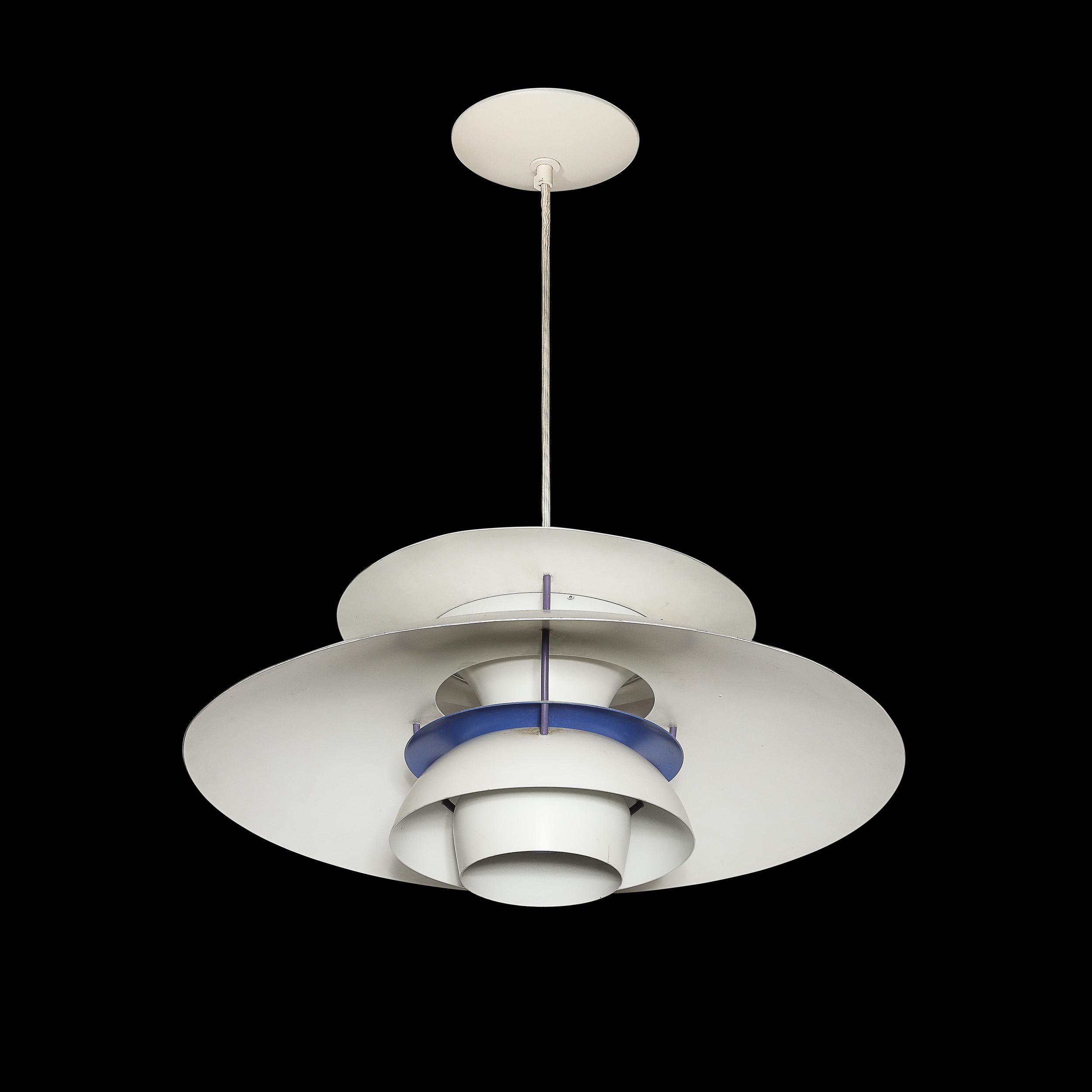 Mid-Century Modern Mid-Century PH5 Pendant White & Blue Enamel Chandelier by Poul Henningsen For Sale