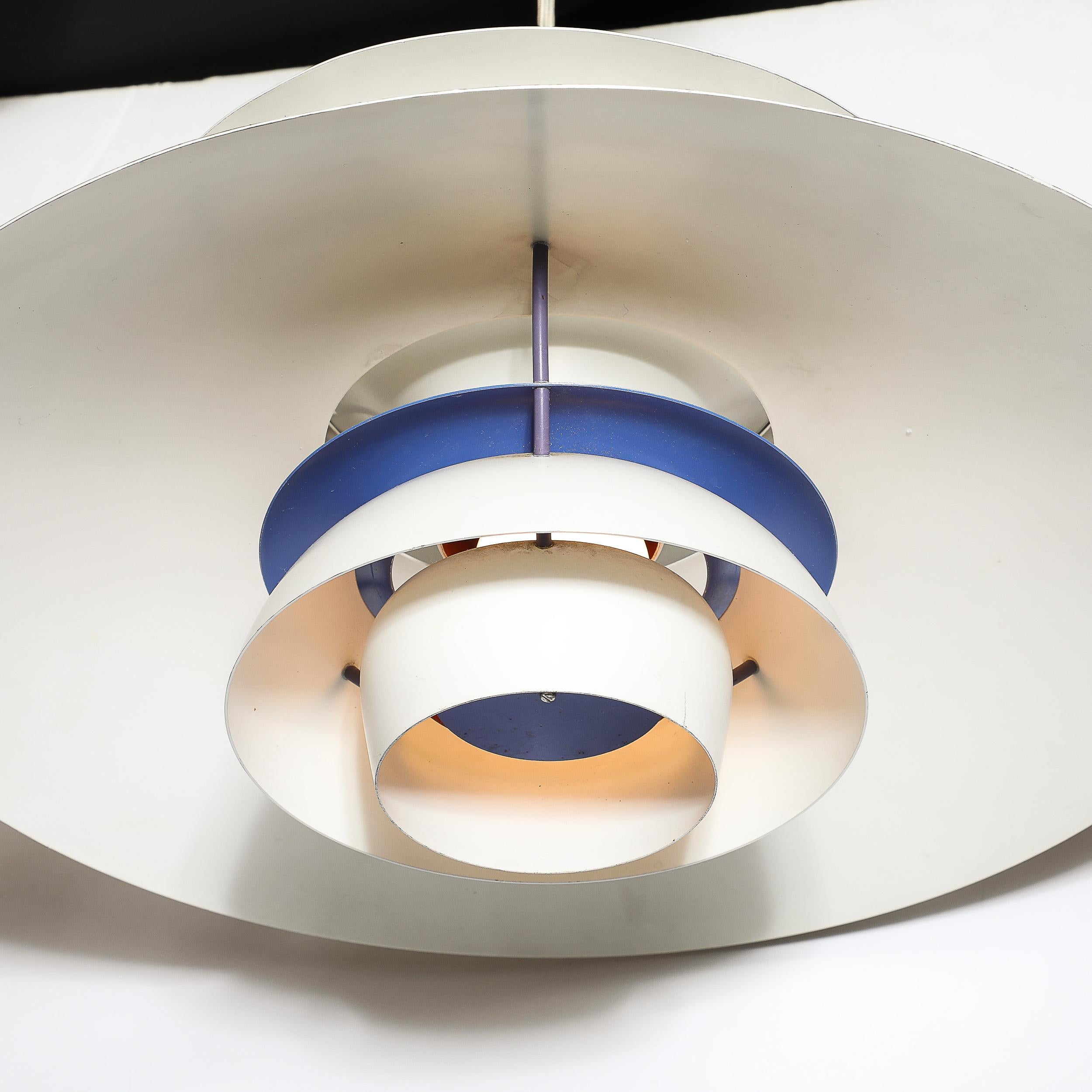 Mid-Century PH5 Pendant White & Blue Enamel Chandelier by Poul Henningsen For Sale 1