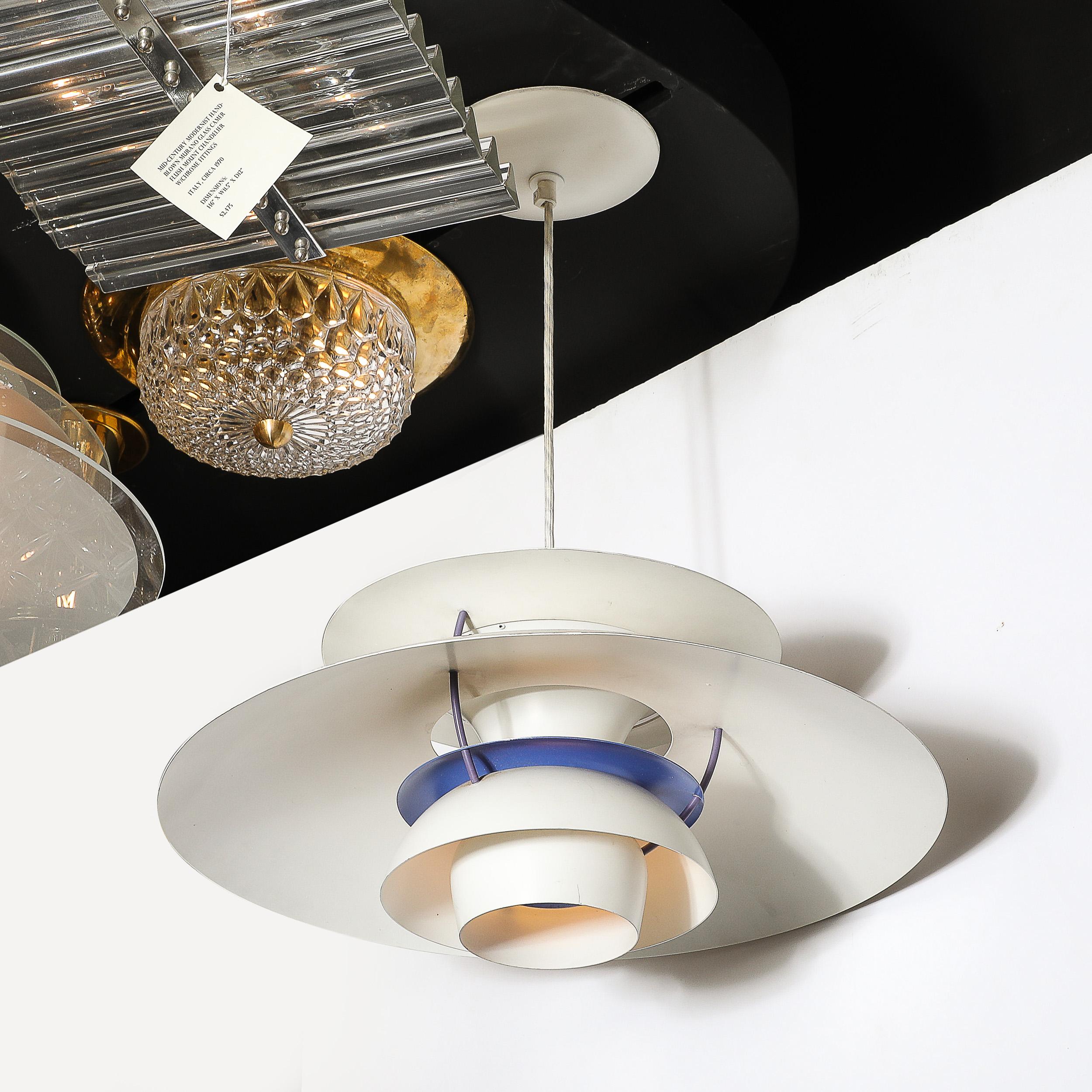 Mid-Century PH5 Pendant White & Blue Enamel Chandelier by Poul Henningsen For Sale 3