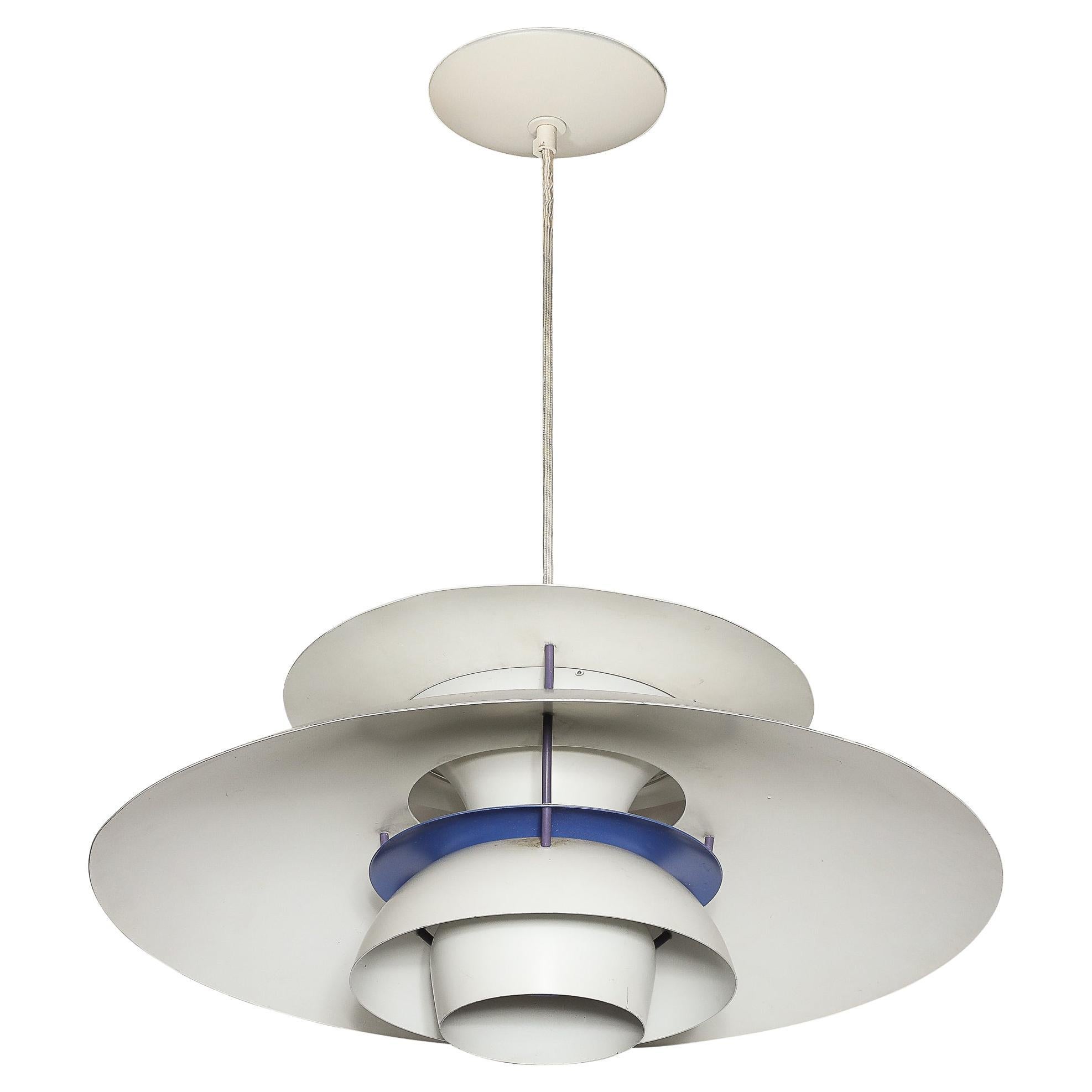 Mid-Century PH5 Pendant White & Blue Enamel Chandelier by Poul Henningsen
