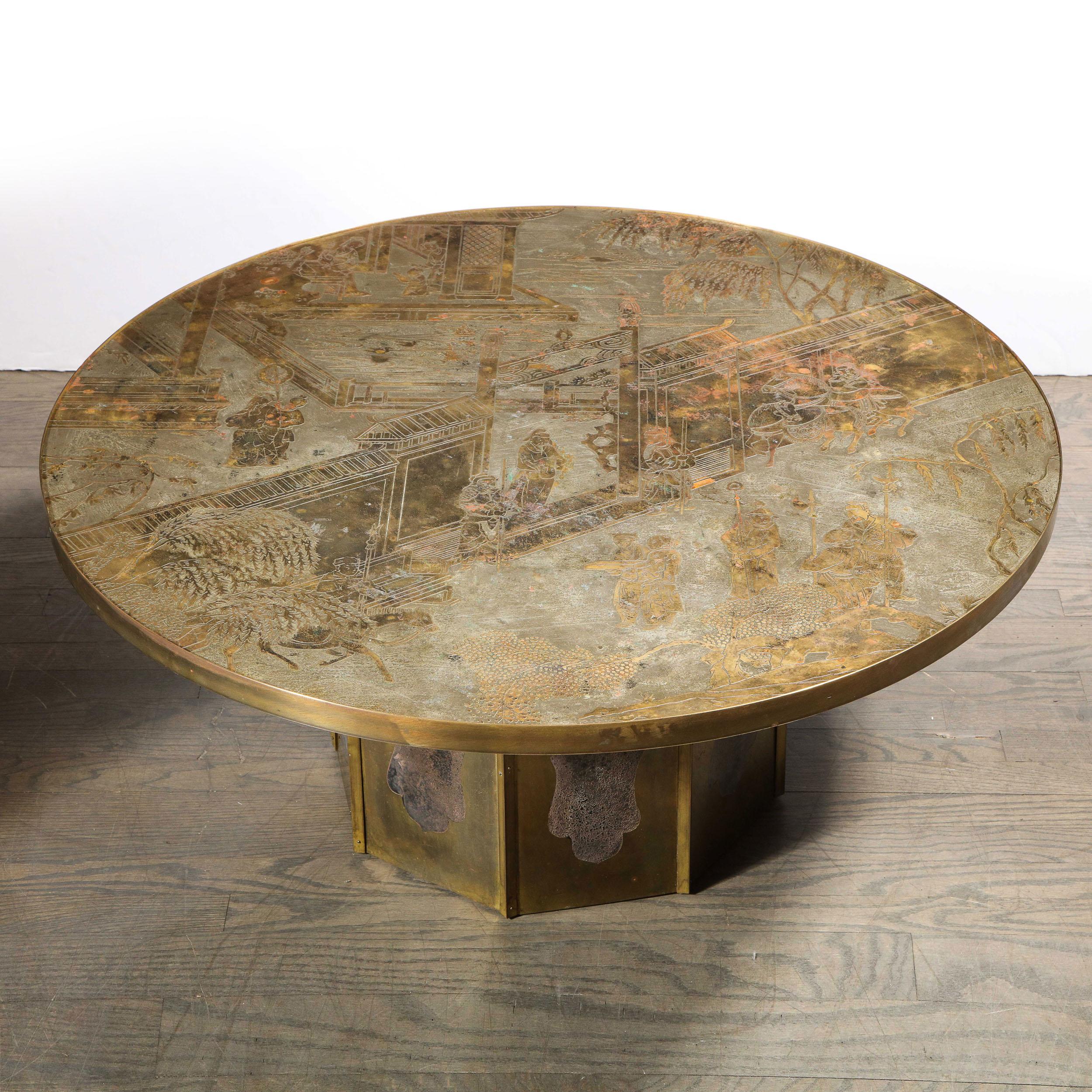 This stunning and iconic cocktail table was realized in the United States by the legendary midcentury designers- the LaVerne brothers, circa 1960. Handcrafted in a combination of polychromed bronze & pewter, this piece, from their celebrated 